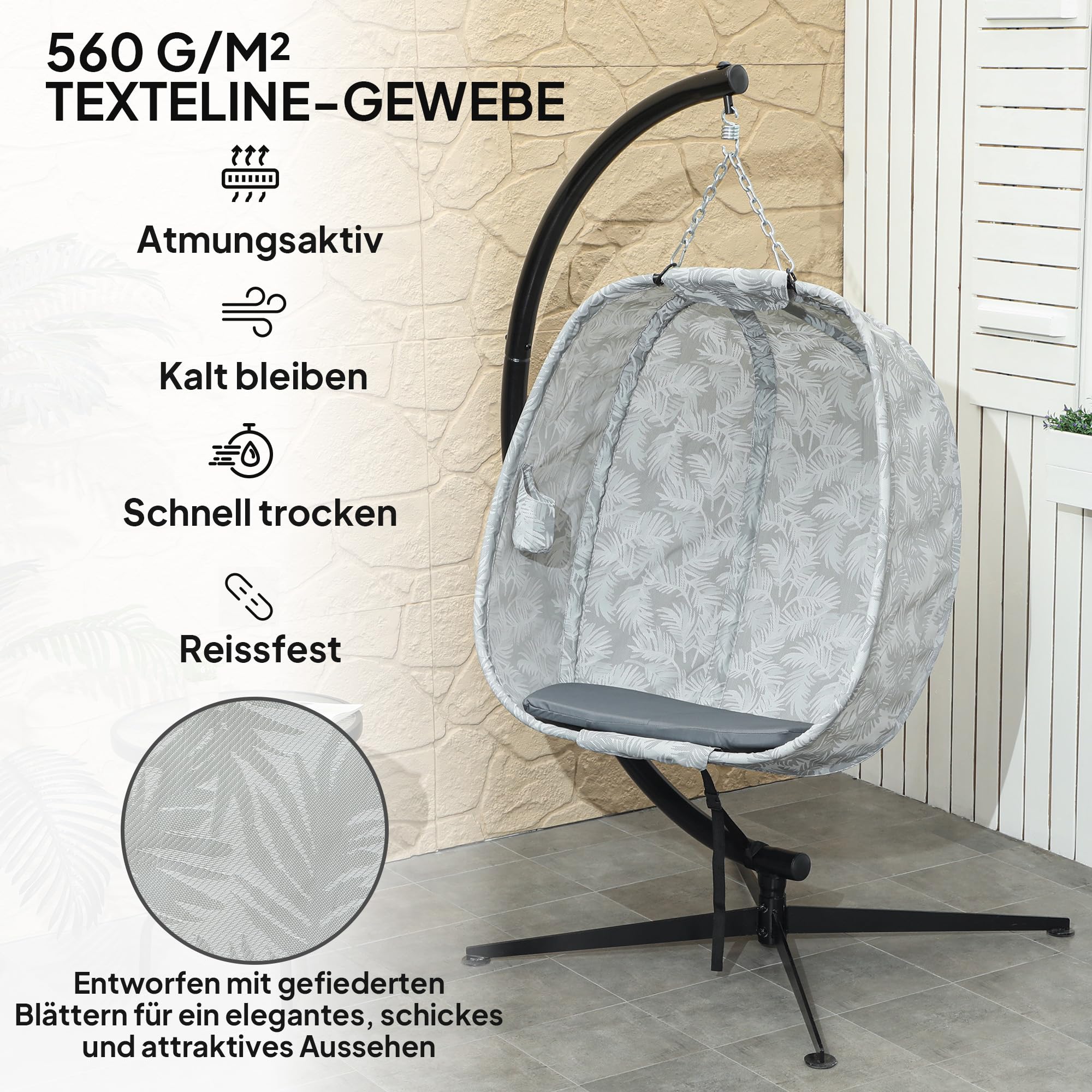 Outsunny Hängesessel mit Gestell, Faltbar Eiförmiger Hängeschaukel mit weichem Sitzpolstern, Hängematte für den Außenbereich Schaukelsessel Indoor Outdoor, Terrasse, Garten, Grau