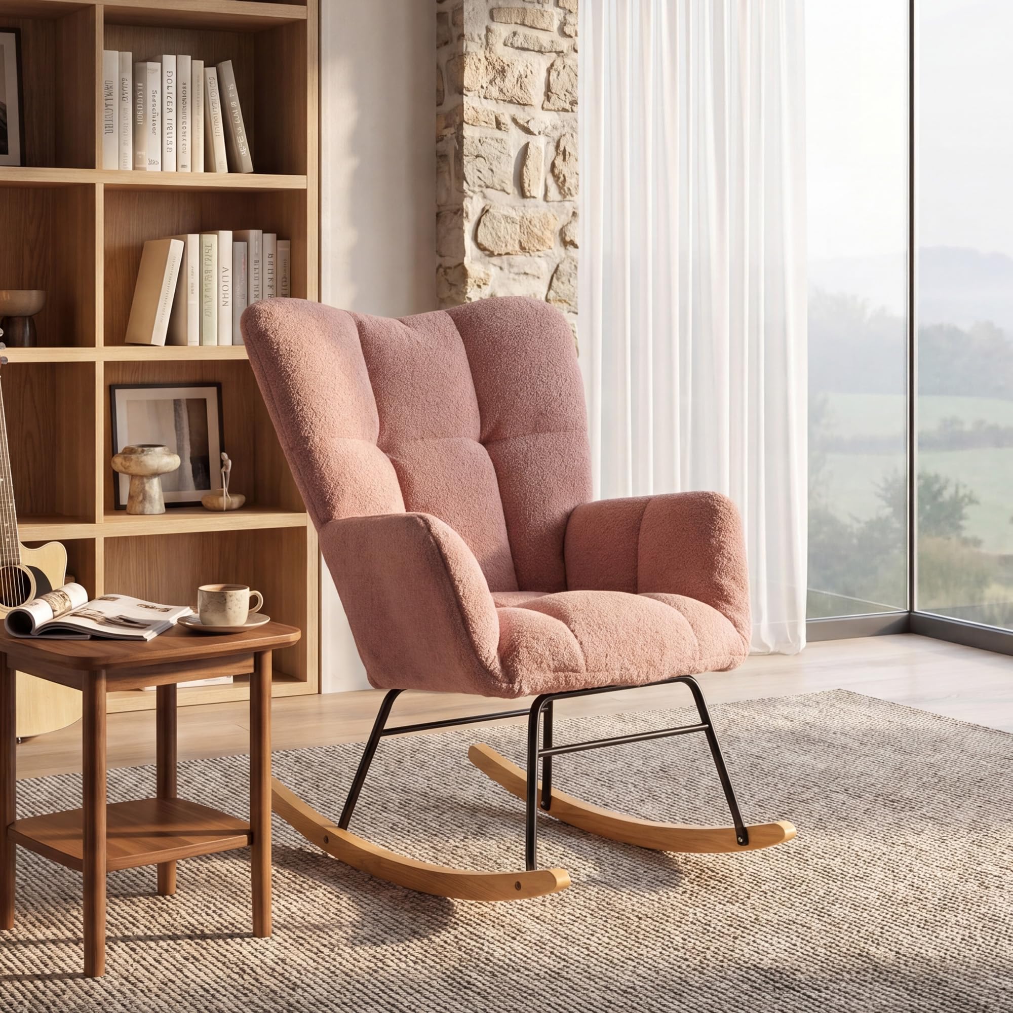 DEKKETO Fauteuil à Bascule - Rocking Chair, Fauteuil Relax Scandinave en Tissu Bouclette, pour Salon, Allaitement, Chambre, Pieds en Bois Massif, Rose