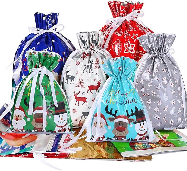 Leixi 12PCS Christmas Bags,Holiday Drawstring Gift Bags,6 Designs 4 Size Christmas Foil Gift Bags with 30pcs Xmas Gift Tags for Christmas Party Favor (12)