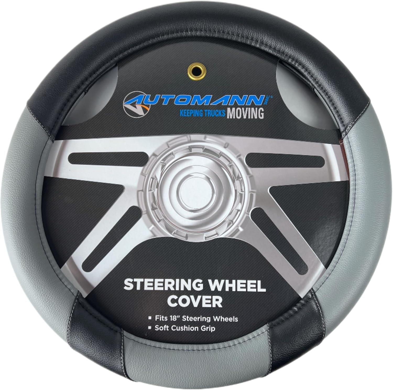 AUTOMANN Premium Vinyl Semi Truck Steering Wheel Cover, 18 inch Diameter, 3 Color Variations: Red/Black, Blue/Black, Gray/Black (Gray and Black)
