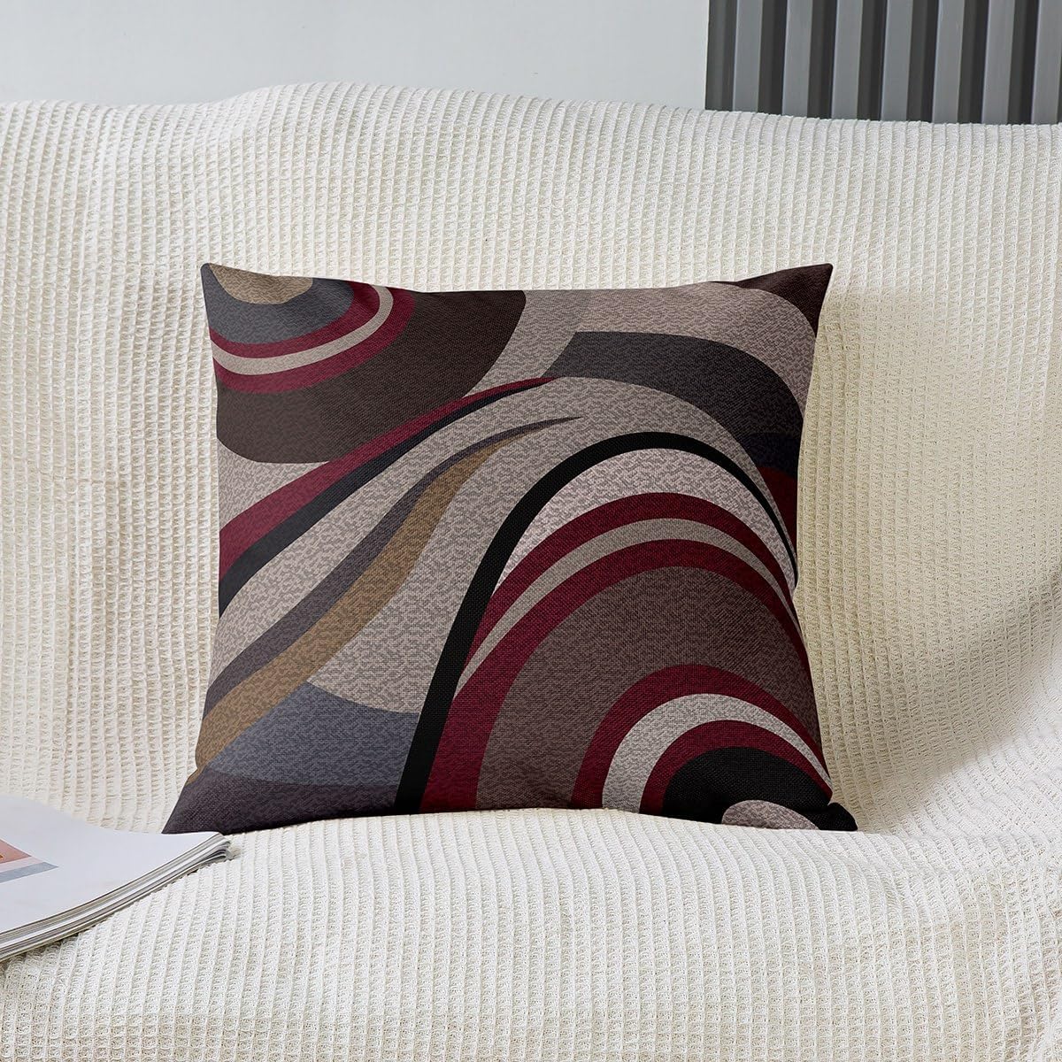 Feelyou Pack of 2 Geometric Decor Outdoor Throw Pillow Covers, Soft Stripe Line Red Grey Square Cushion Case Set for Couch Sofa Living Room, Modern Art Porch Pillows Cases Pillowcases, 24x24 Inches
