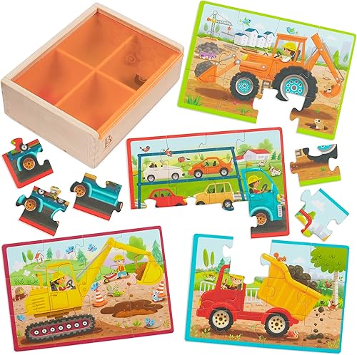 B. Toys  Juego de rompecabezas de madera  4 rompecabezas de camiones  Transportador de automóvil, cargador, excavadora, camión volquete