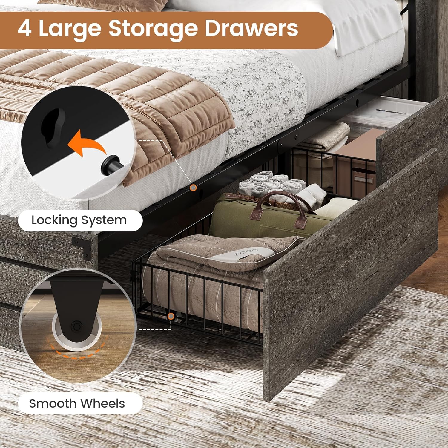 VIAGDO Wooden Bed Frame Queen Size with Bookcase Headboard and Sliding Barn Door, Farmhouse Queen Bed Frame with Charging Station, LED Lights and 4 Storage Drawers, No Box Spring Needed, Grey