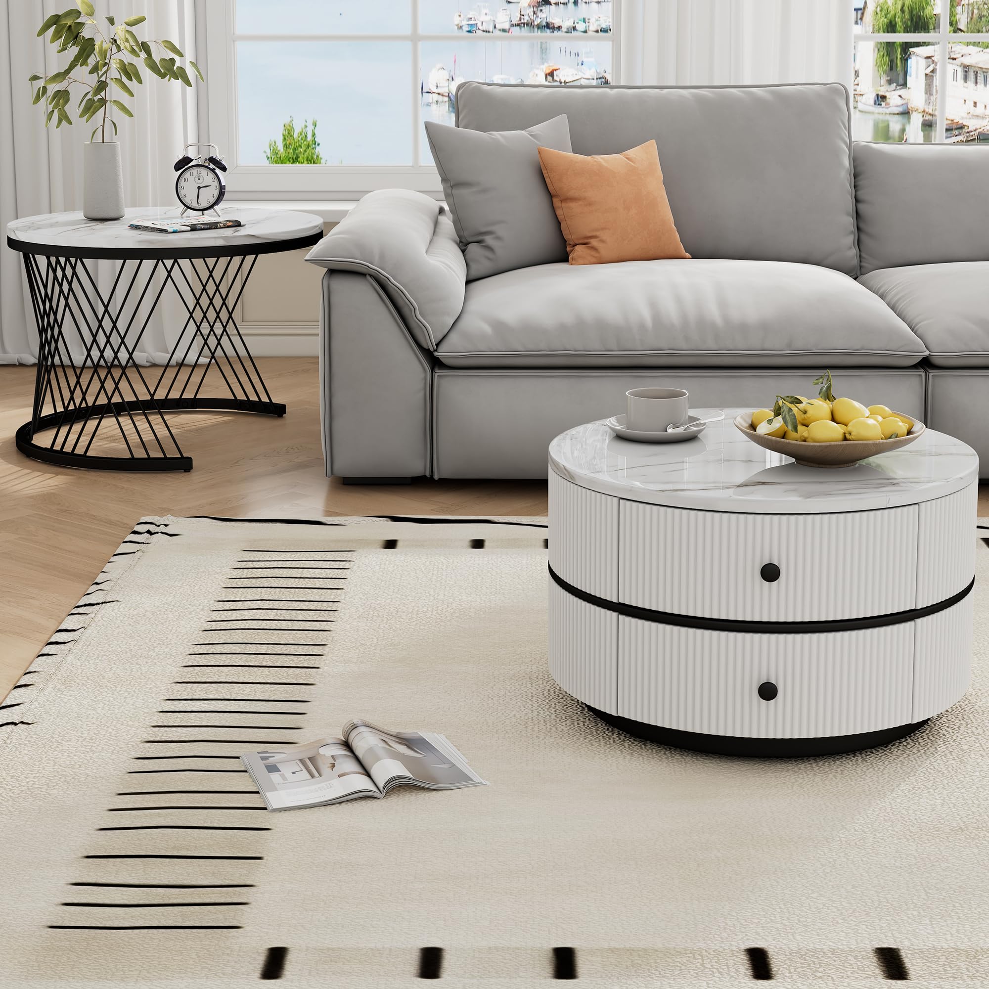 Elegante set di 2 tavolini a forma di nido, 60 x 60 x 46 cm e 50 x 50 x 31 cm, tavoli rotondi con effetto marmo lucido, 2 cassetti (bianco nero)