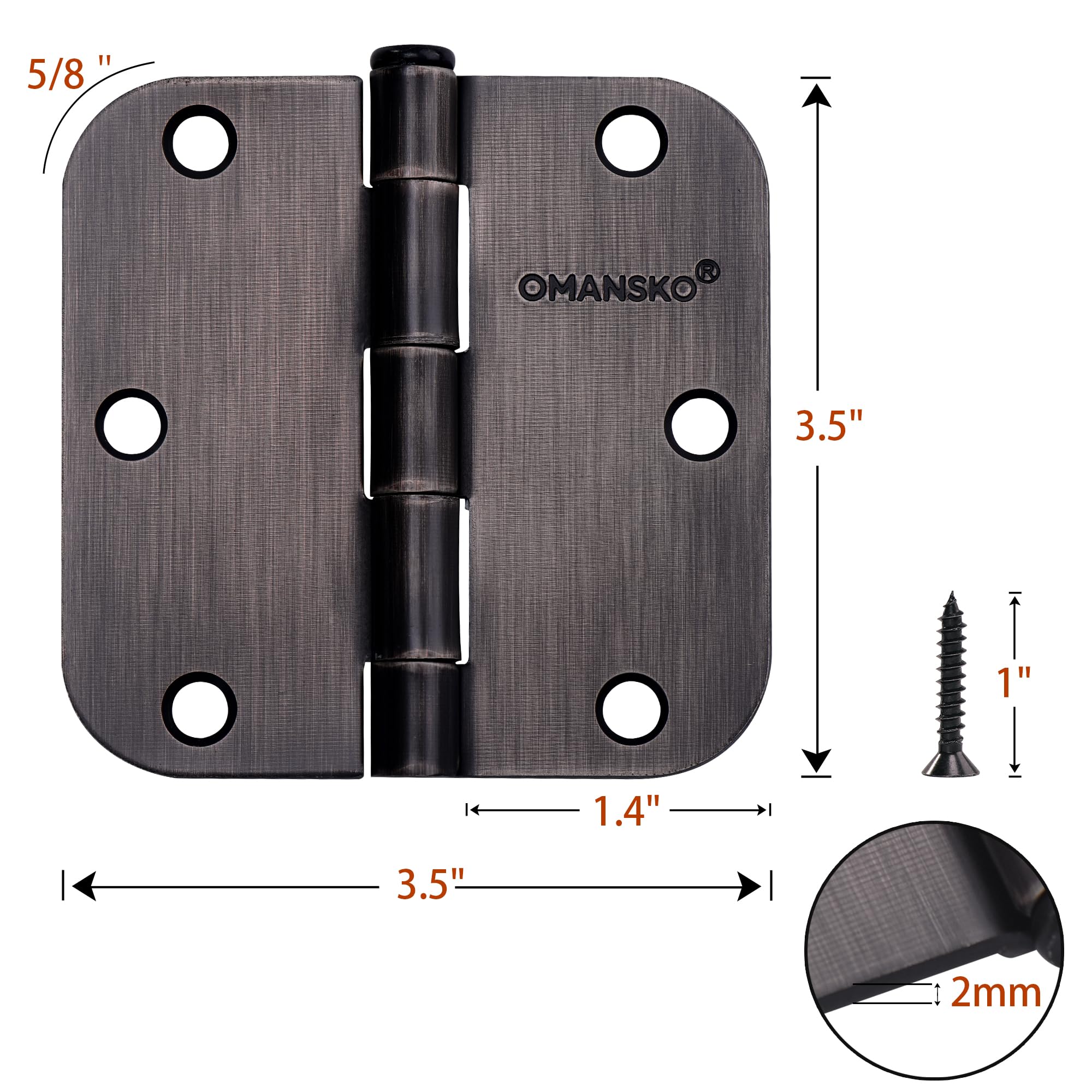 Paquete de 18 bisagras de puerta de 3.5 x 3.5 pulgadas, bisagras de bronce aceitado para madera, esquinas de radio de 5/8 pulgadas, bisagras de puerta interior de 3 1/2 pulgadas para puertas