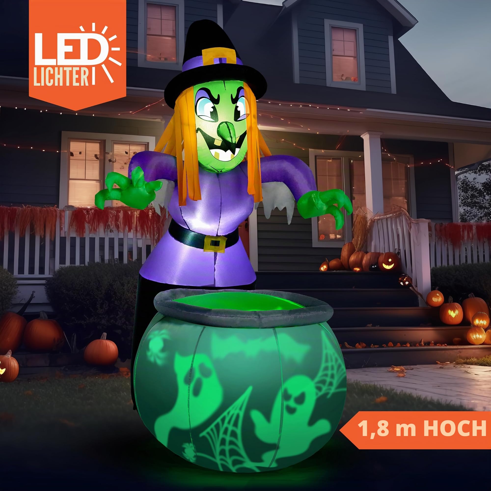 Joiedomi 6 Fuß große aufblasbare Hexe und Kessel-Dekoration für Halloween mit projizierendem rotierendem grünem Geisterlicht, aufblasbare Gartendekoration mit eingebauten LEDs für Halloween-Partys