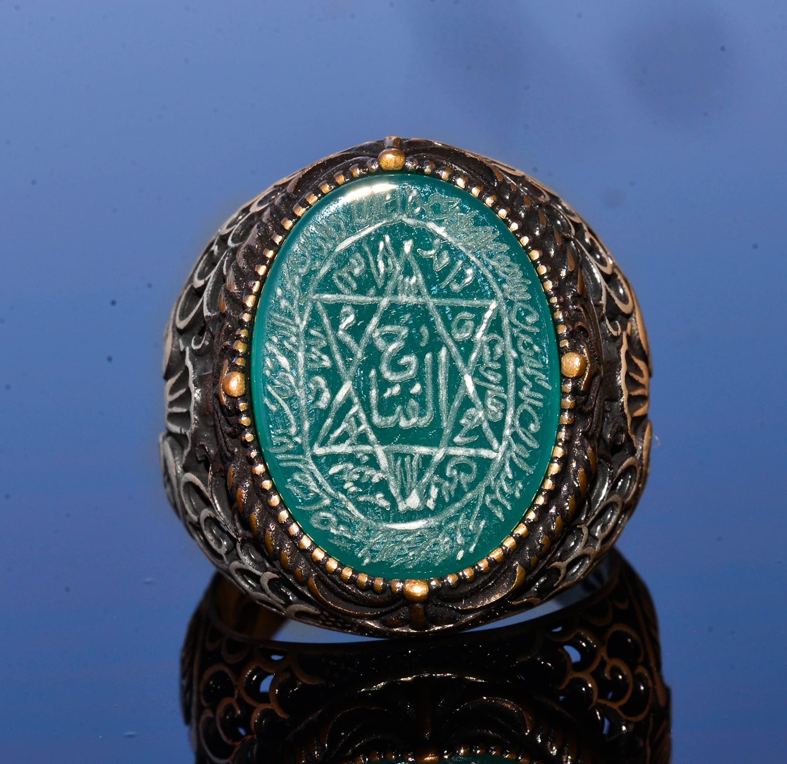 KAMBO - Anillo de sello de Salomón hecho a mano, piedra preciosa de ónix negro, anillo islámico para hombre, de plata de ley 925, Plata, ónix verde