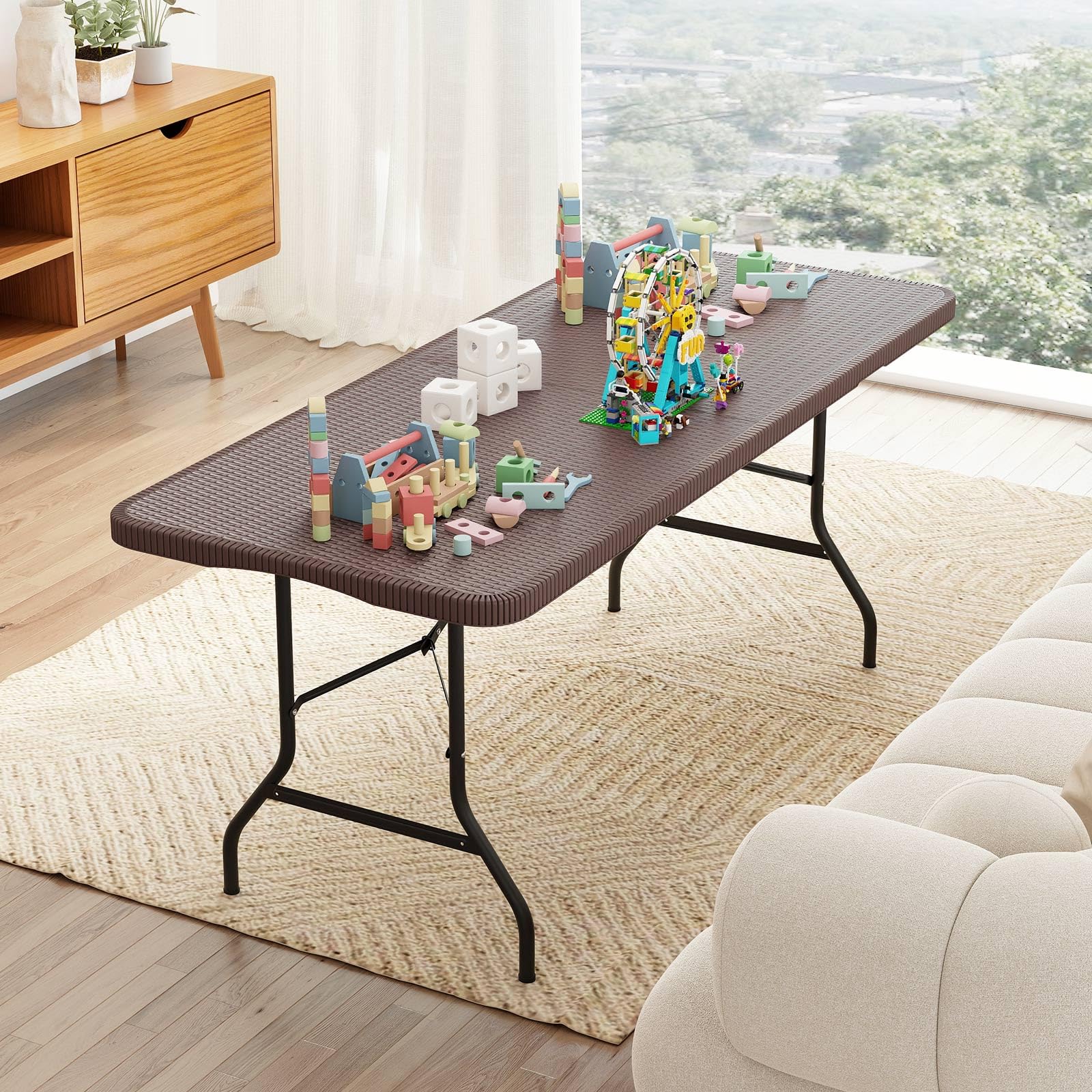 GIANTEX Tavolo da pranzo pieghevole in plastica, effetto rattan e gambe in metallo, 180 x 74 x 75 cm, tavolo portatile per campeggio, picnic, barbecue, giardino