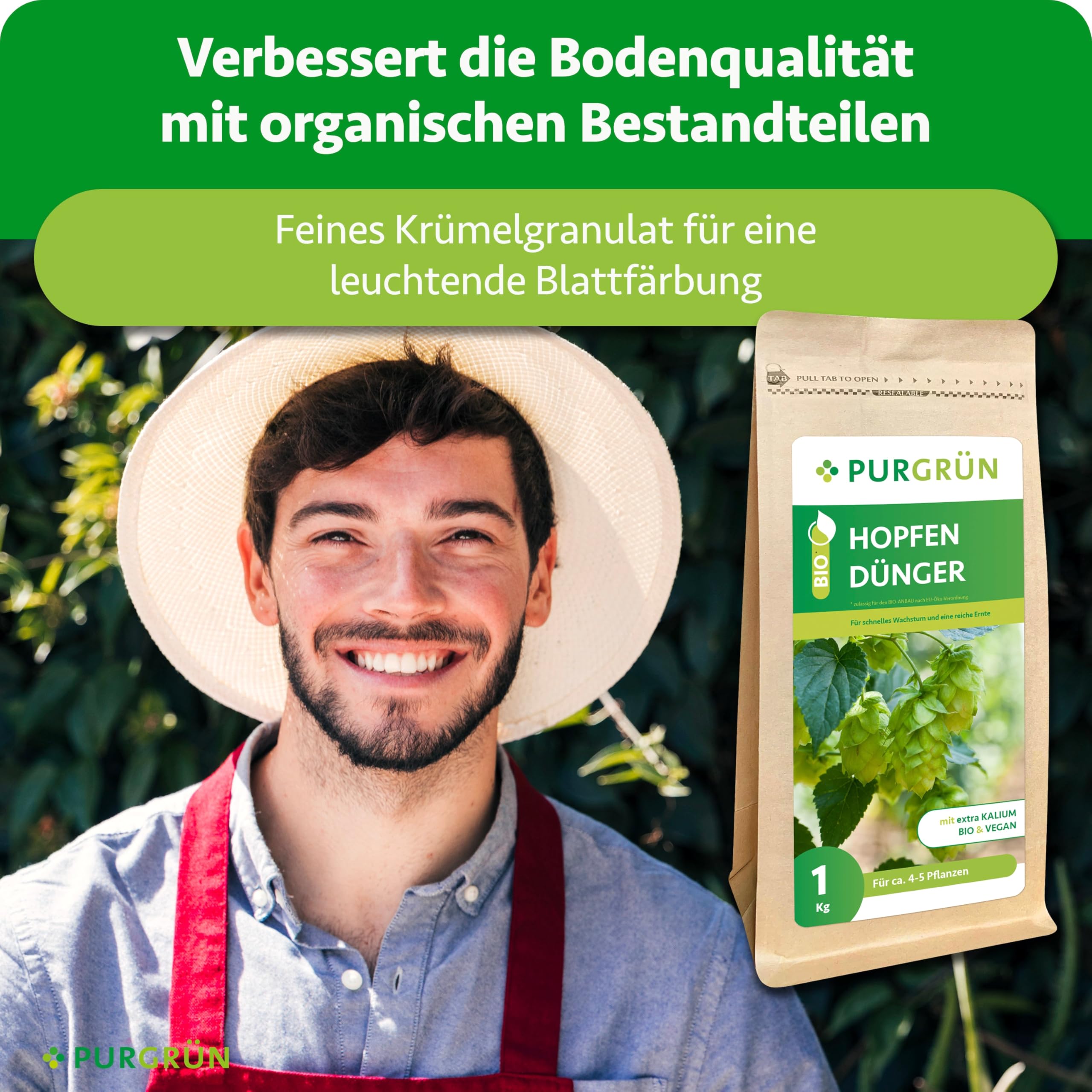 Bio-Hopfen-Dünger 1 kg – Organische Rezeptur – Feinkörniges Krümelgranulat – NPK 6+2+7 – Extra Magnesium für prächtigen Hopfen – Zur Verbesserung der Bodenqualität - Vegan