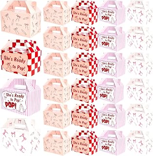24 Pcs She’s Ready to Pop Treat Boxes Retro Soda Fountain Gift Boxes Ready to Pop Candy Gable Boxes Baby Shower Treat Boxes for Gender Reveal Pregnancy Announcement Newborn Birthday Party Supply(Red)