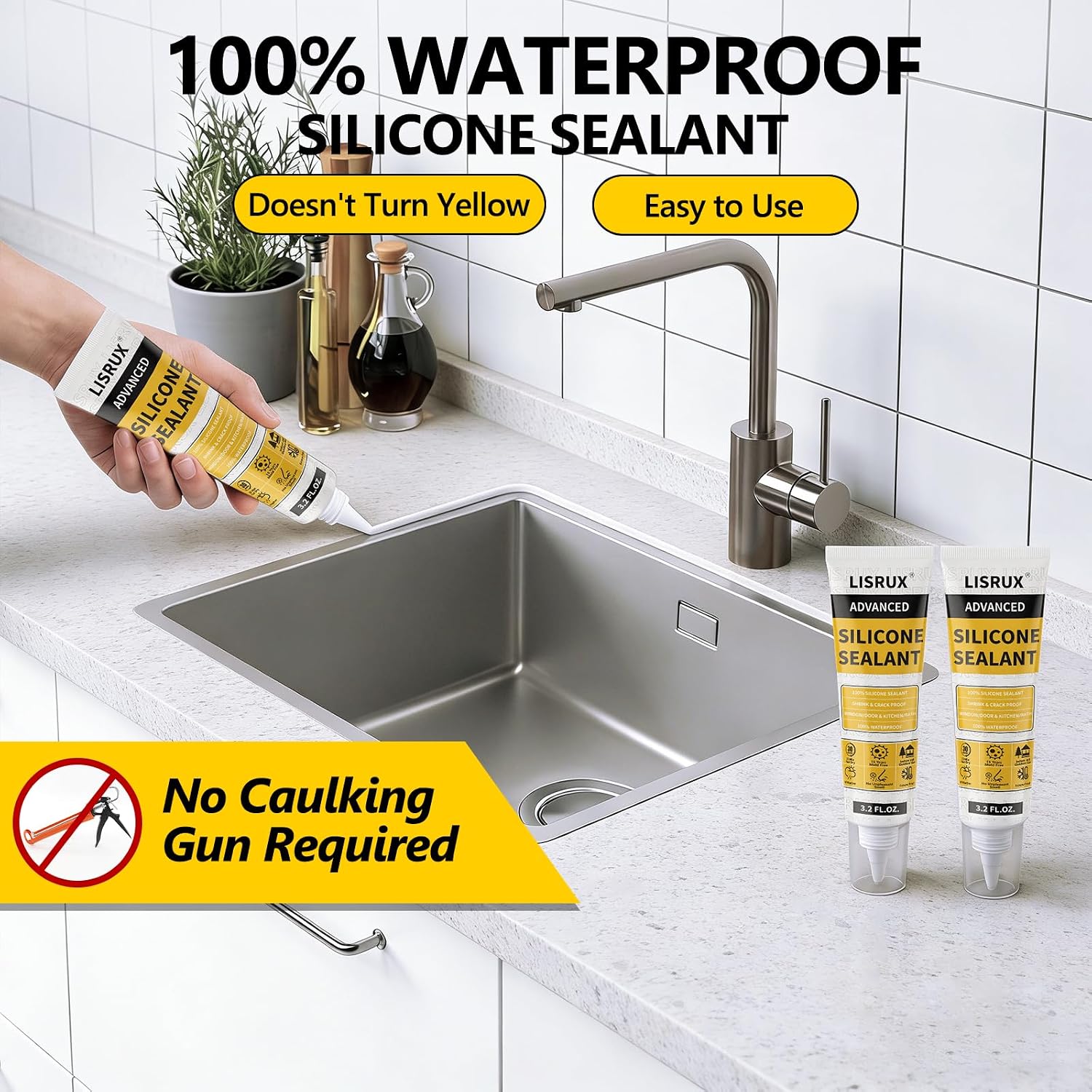 LISRUX Advanced White Silicone Caulk for Kitchen & Bathroom - 2 Pack (3.2 Fl Oz Each) | 100% Waterproof Silicone Sealant | Super Strong Adhesion, Shrink & Crack Proof