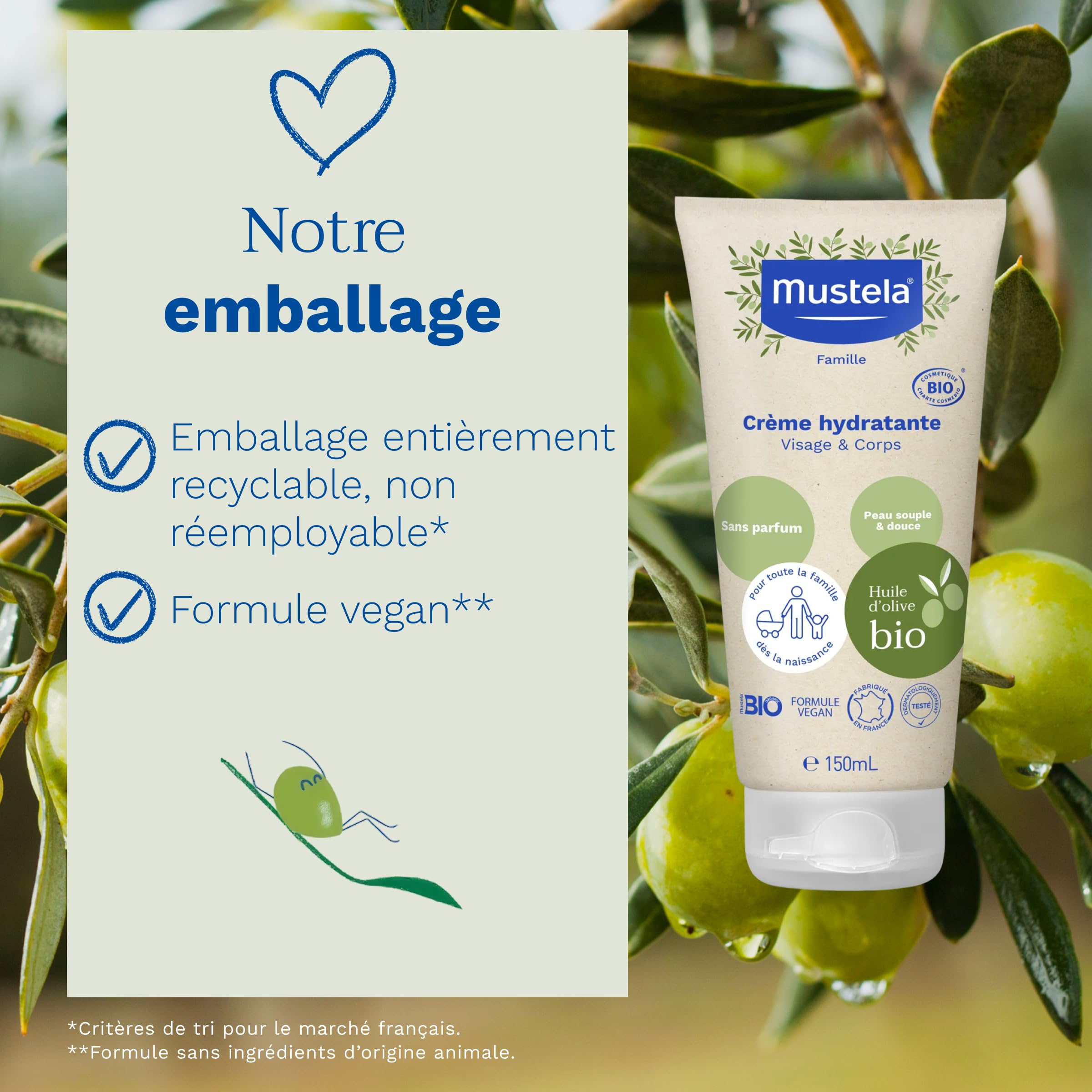 Mustela - Crème Hydratante Bébé à l'Huile d'Olive Bio - Pour Toute la Famille dès la Naissance - Peaux Sensibles - Huile d'Olive, Glycérine et Aloe Vera - Crème Hydratante Visage et Corps Bio