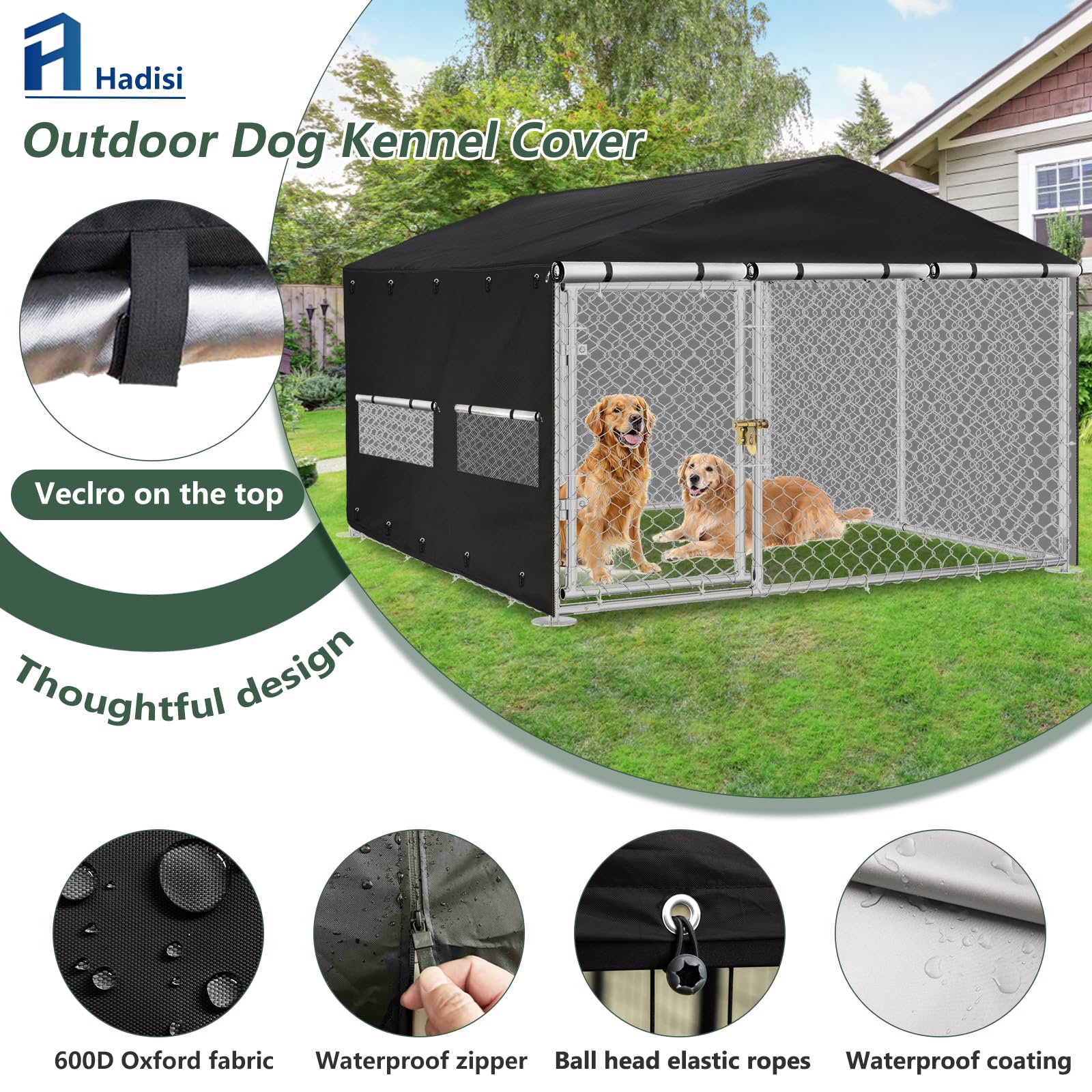 Hundehüttenabdeckung für den Außenbereich, 3 m T x 3 m B x 1,8 m H, vollständige Abdeckung, winddicht, UV-Schutz, mit transparentem PVC-Fenster und atmungsaktivem Netz. Wasserdichte