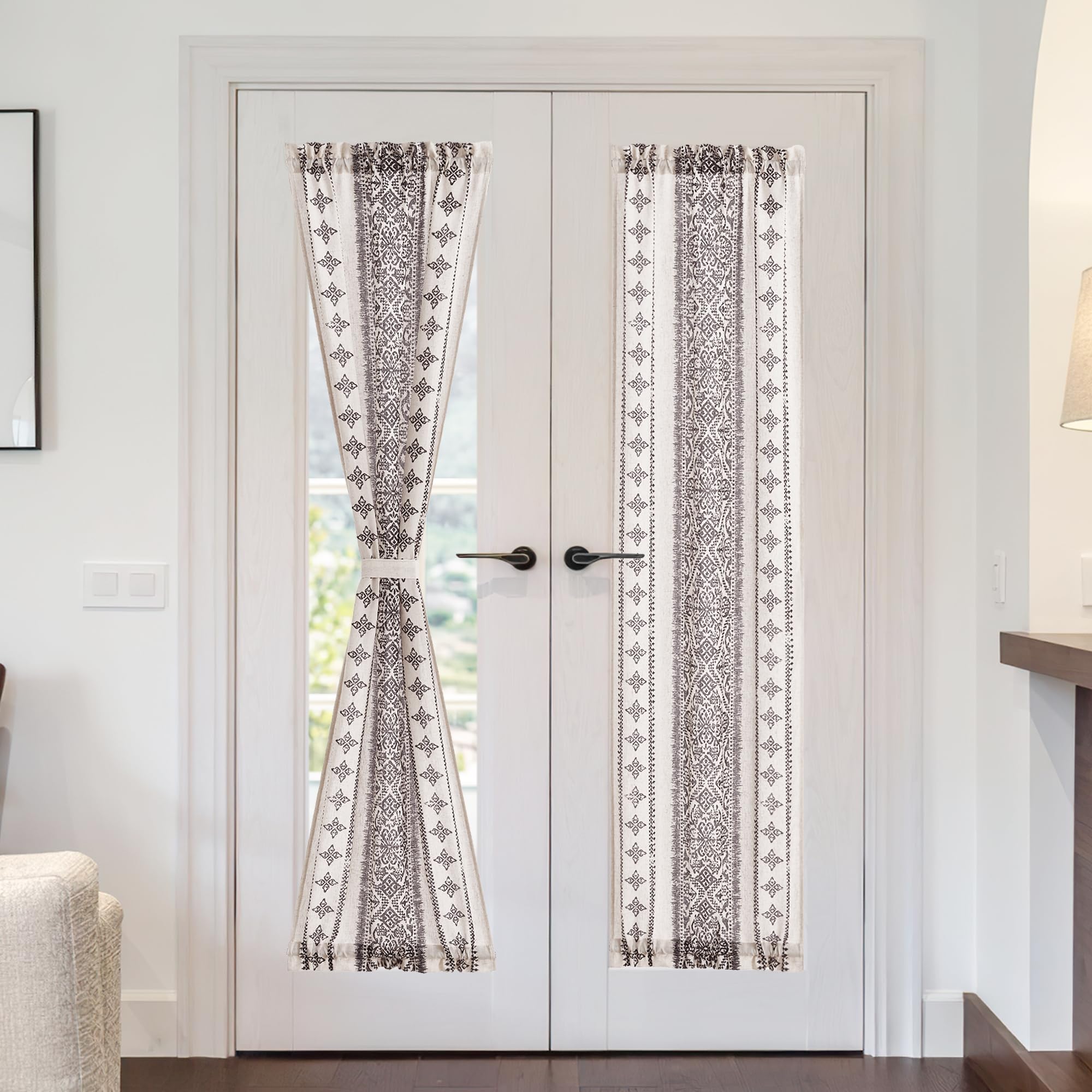 NICETOWN 80 Inches Long Curtain for Doorway, Farmhouse Boho Linen Sheer Door Shade for Kitchen Window Rod Pocket Privacy Sidelight Curtains for French