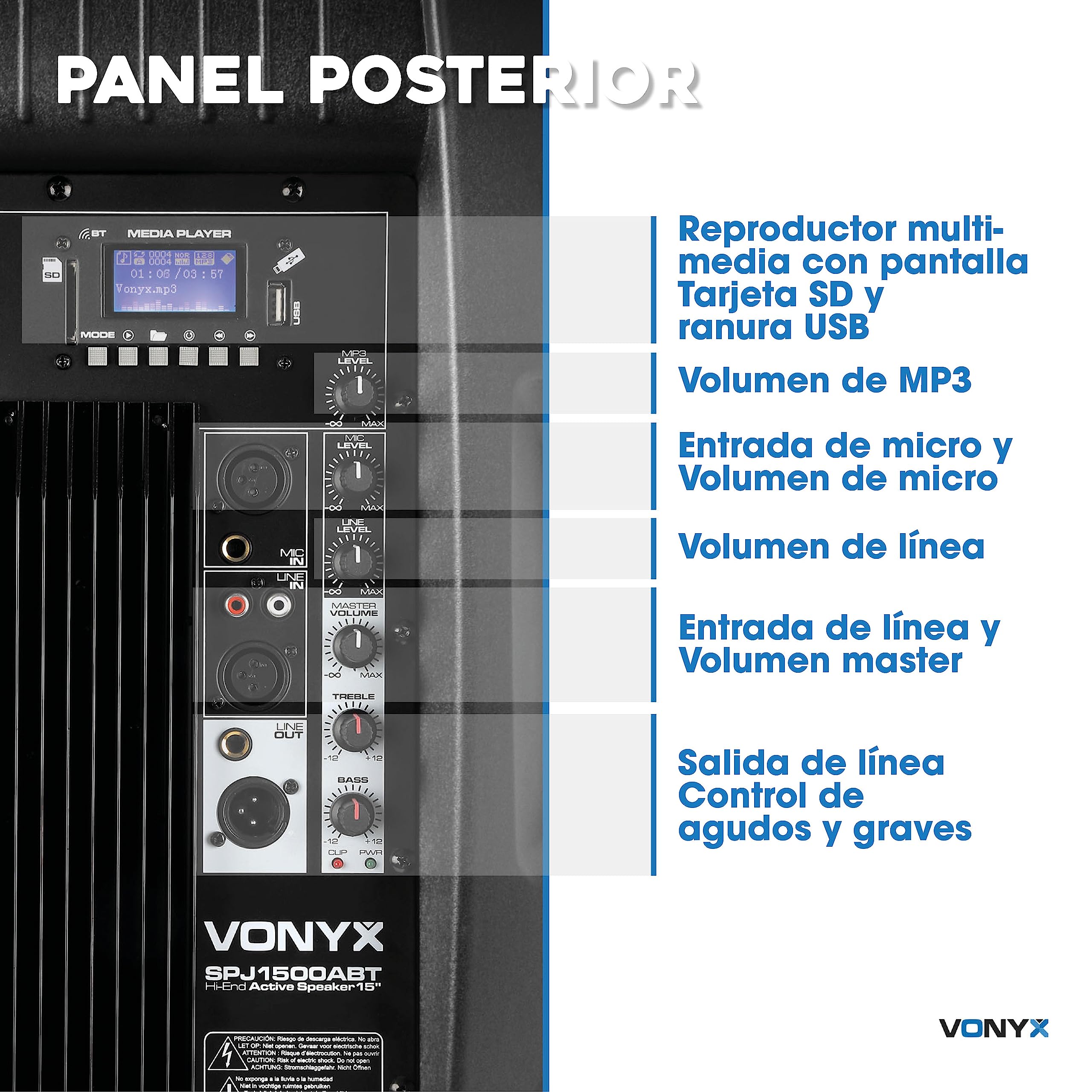 Vonyx SPJ-1500ABT Altavoz Activo 15” Autoamplificado 800W con Bluetooth, Reproductor MP3, USB/SD, Entrada Micrófono, Subwoofer Potente, Sonido Profesional para Fiestas, DJ, Eventos y Karaoke