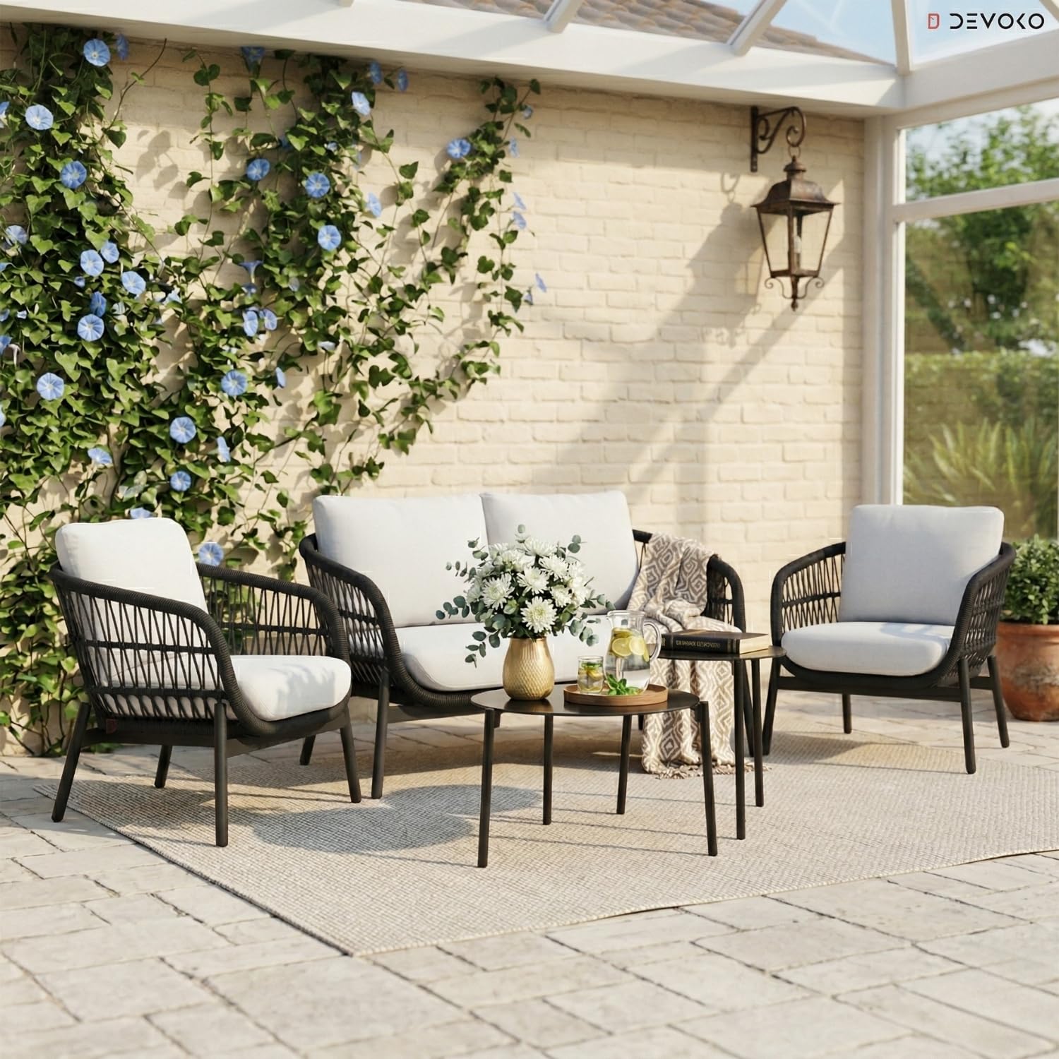 DEVOKO Nova Outdoor 4 Seater Rope Sofa Conversation Set with Comfortable All Weather Water-Resistant Cushions and Glass Top Round Center Table for Garden,Patio,Poolside(Black & Off-White)
