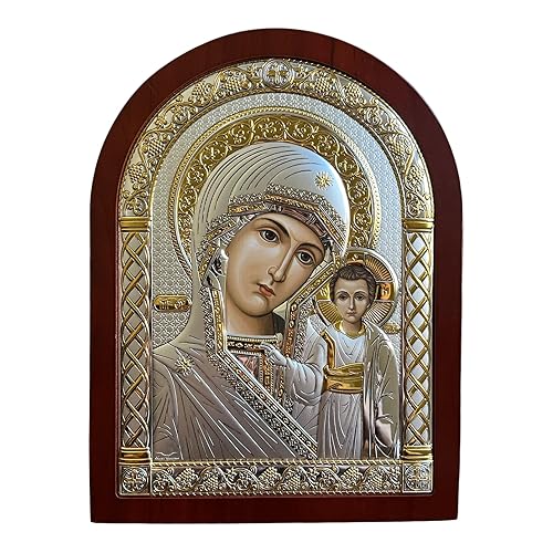 Silver Canvas Virgin Mary of Kazan Byzantine Icon, 925 Sterling