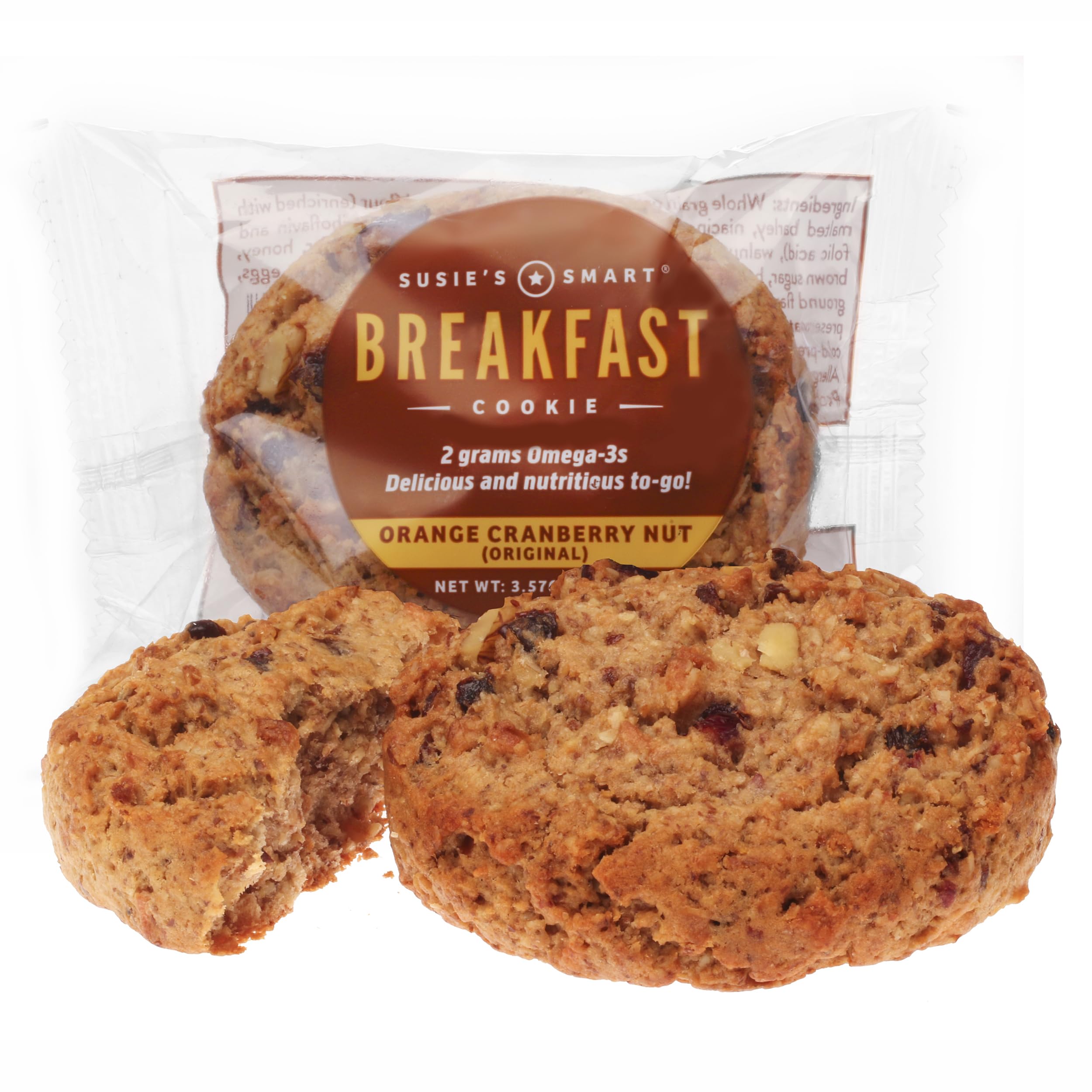 Susie’s Smart Breakfast Cookie, Orange Cranberry Nut, Omega-3 and Protein-Rich, Soft Chewy Whole Grain Snack, Healthy On-the-Go Breakfast or Anytime Treat, Pack of 18, 3.57 oz Each