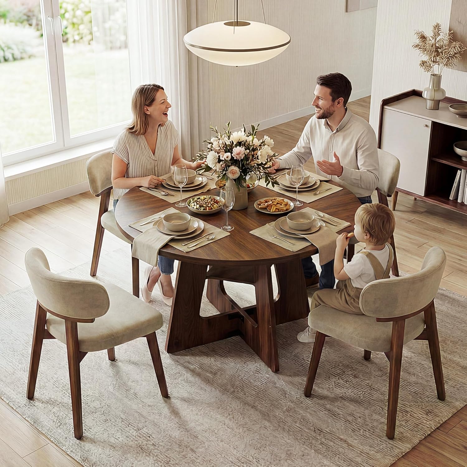 Round Dining Table for 4-6, 47" Kitchen Table for Dining Room, Circle Farmhouse Kitchen Table, Wood Dinner Table for Kitchen, Living Room, Apartment