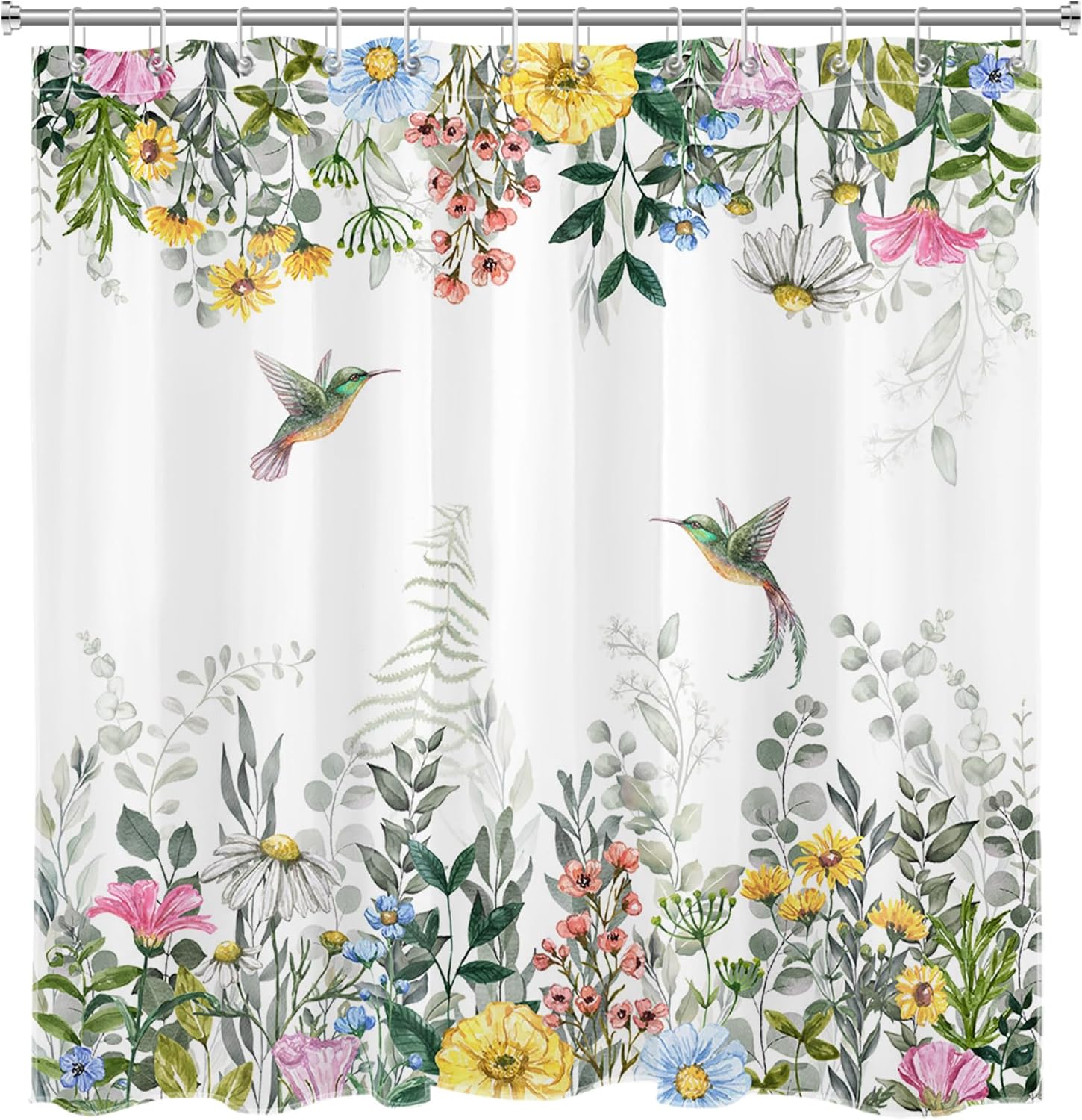 Colorful Flower Shower Curtain Sets with Rugs Watercolor Wildflower Green Leaf Plant and Hummingbird on White Fabric Shower Curtain with Hooks Rustic Nature Bathroom Curtains Shower Set, 72x72 inches