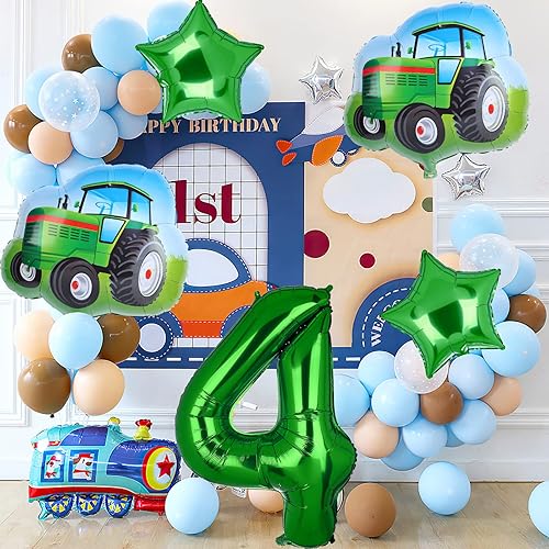 Miniatura 6 de 5 globos de tractor, color verde, número de cumpleaños de mylar, temática de granja, suministros de fiesta de 4 cumpleaños (4)