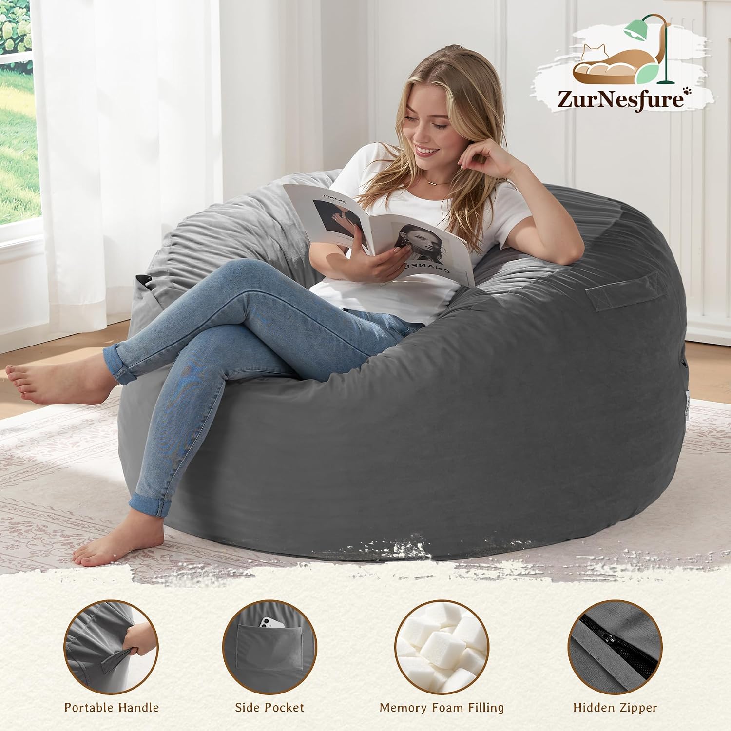 ZurNesfure Bean Bag Chairs for Adults 3FT with Memory Foam Grey, Medium
