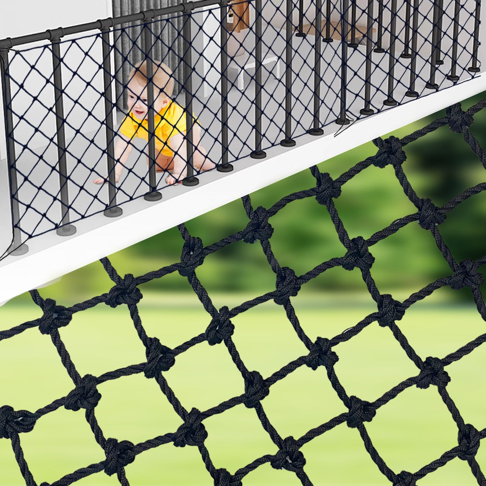 HARERNET Safety Rope Net Child Safety Net Stairs Railing Balcony Playground Fence Driveway Safety Netting Protection Rope Netting Indoor& Outdoor Decor Net Black (6mm,1X1m), 3.28X3.28ft, 6mm/8cm