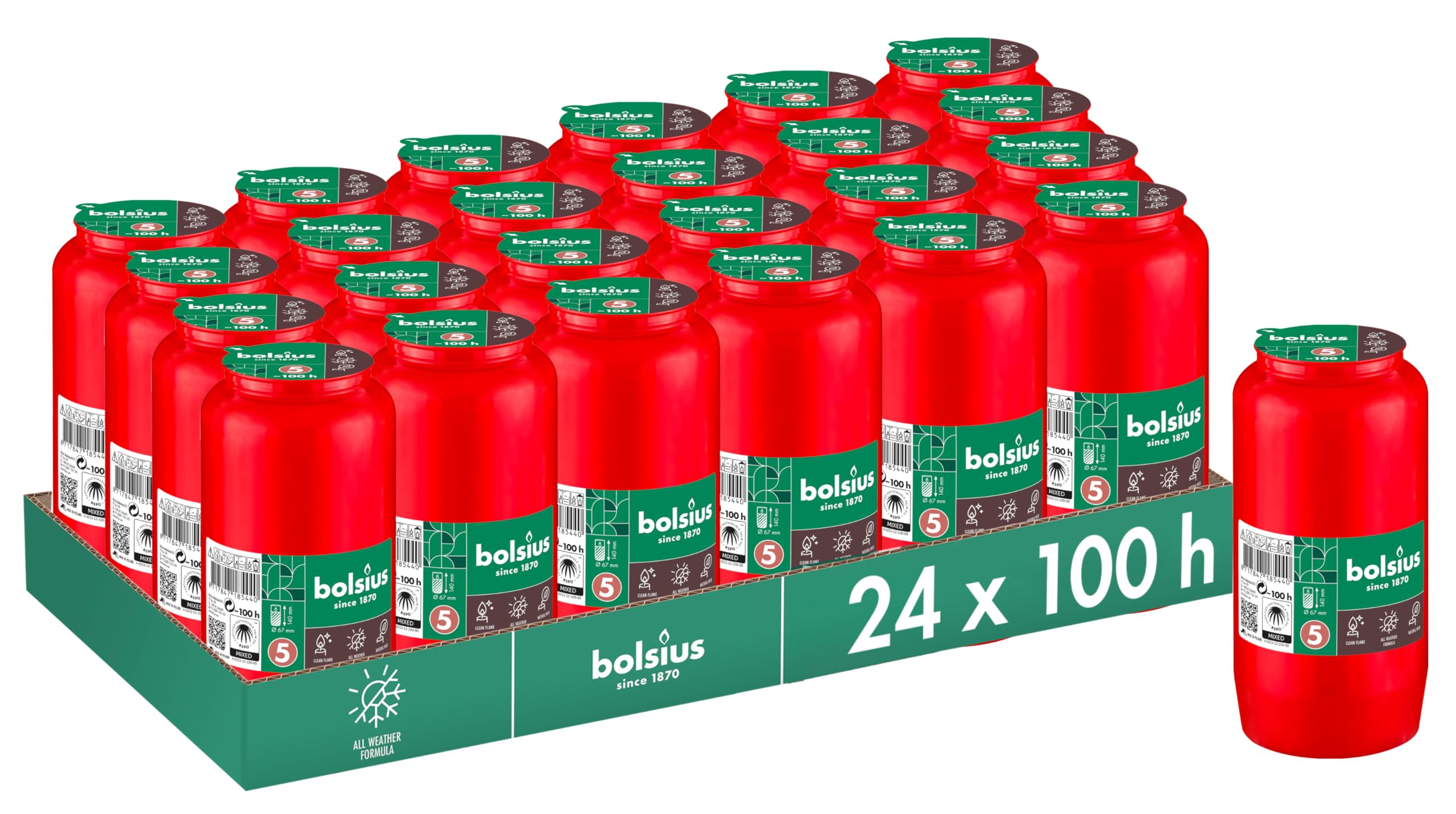 Bolsius Red Grave Light - 24-Pack - Long Burning Time 4 Days - Funeral Candle & Memorial Candles - Clean Burning - Without Palm Oil