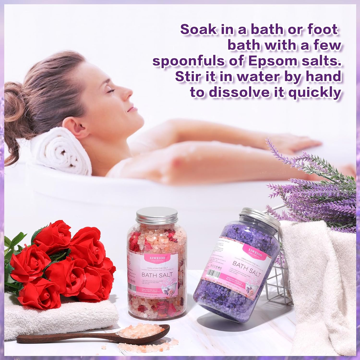 Bath Salts kit Himalayan Pink Salt -46 oz, Pack of 2 Natural Epsom Salt Rose, and Lavender- Essential Oils Relaxes and Better Sleep Foot Soak Tea Tree Oil Soaking & Bathing - Image 4