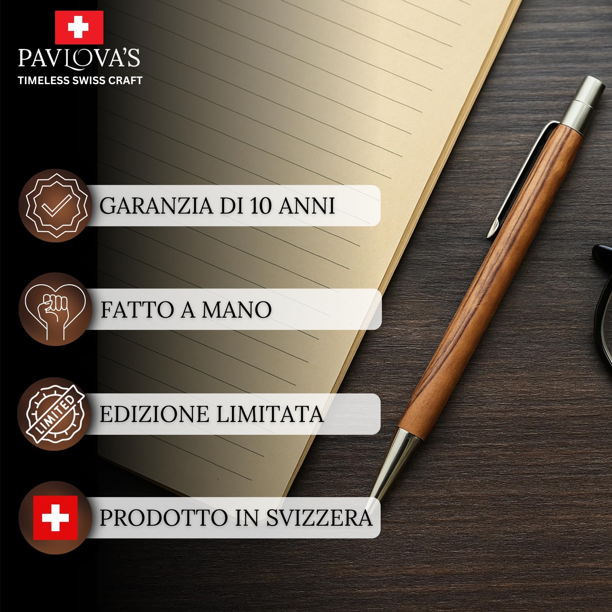 PAVLOVA'S Penna a Sfera in Noce e Acciaio Inossidabile – Artigianale Svizzera – Design Ergonomico – Confezione Regalo – Mina Nera e Ricambio Blu – Garanzia 10 Anni – Edizione Limitata