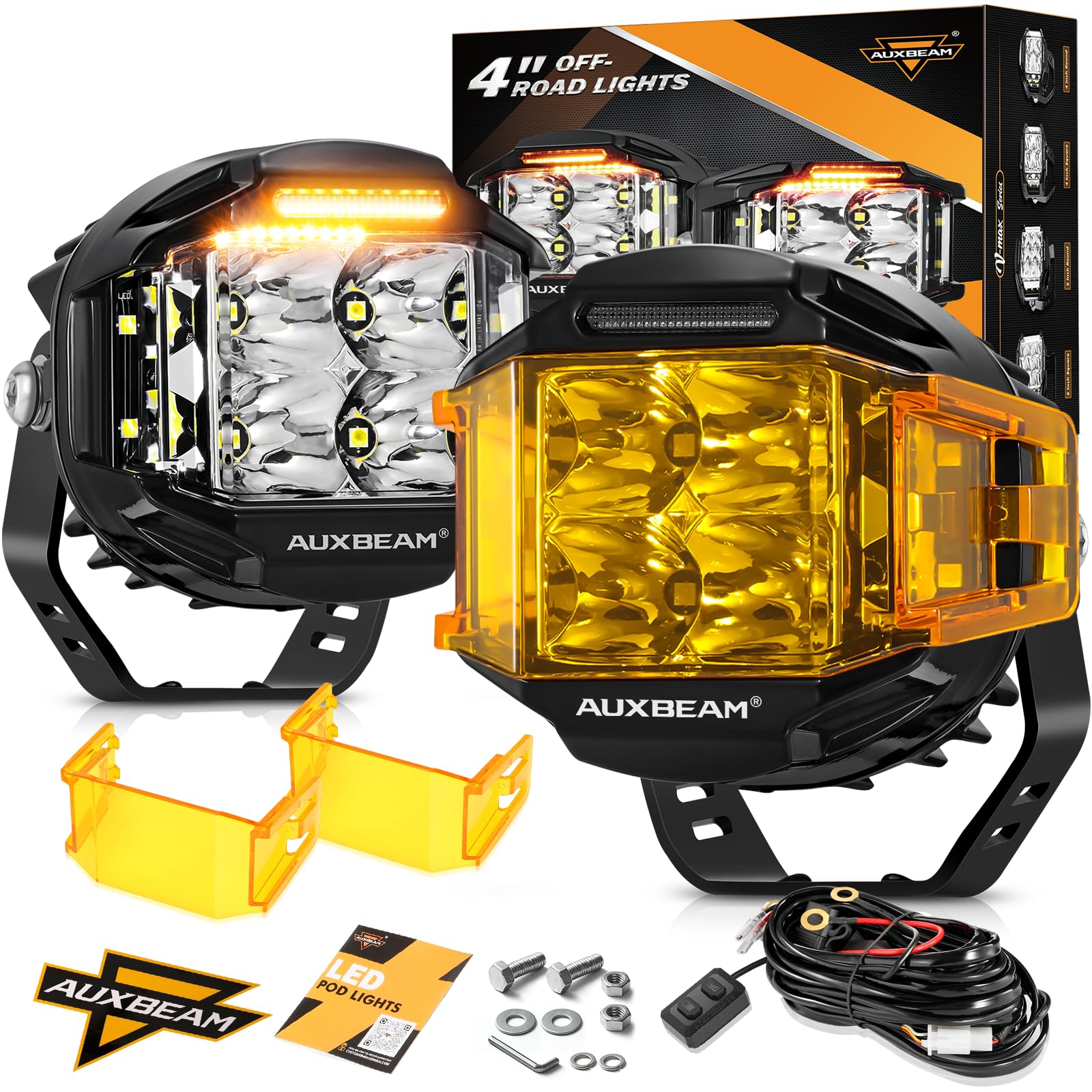 Auxbeam V-MAX Series 4 Inch LED Pod Light, 270° Side Shooter with Amber DRL