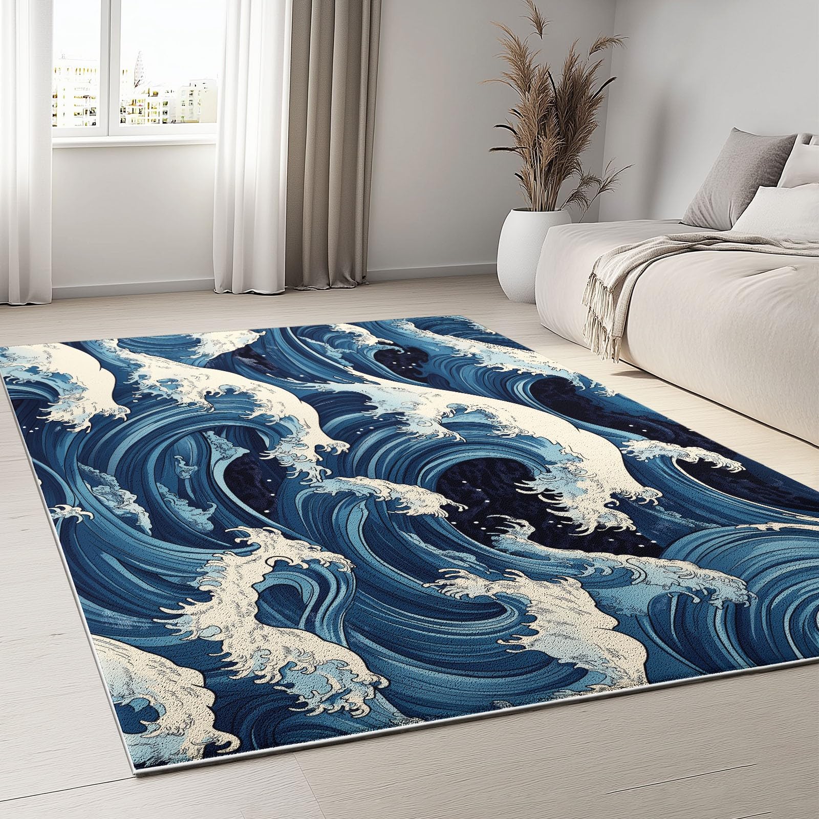 Tapis Poils Ras Motif Vagues À La Japonaise Tapis Salon Chambre Adulte Salle à Manger Bureau Tapis Imprimé à Poil Court Doux Fin Lavable 140 x 200 cm, Bleu Blanc