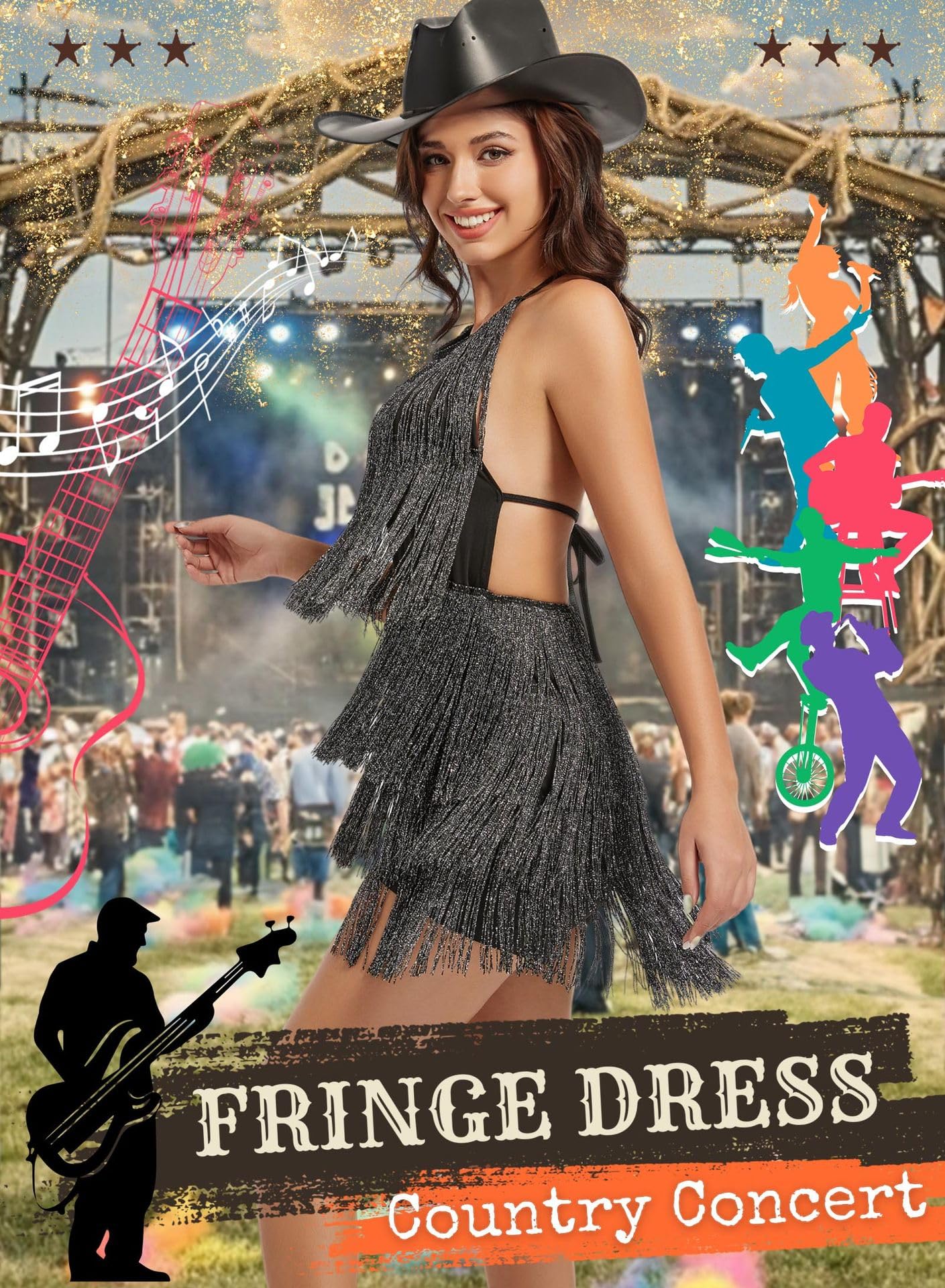 EVELUST Abito da donna con frange da concerto, stile western, con schiena scoperta, con scollo all'americana, tuta elastica, pagliaccetto per festival rodeo