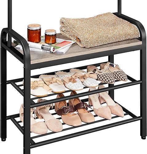 Miniatura 8 de Yaheetech Árbol de pasillo con banco y almacenamiento de zapatos para entrada, perchero 4 en 1, banco de zapatos con 23 ganchos, una barra para