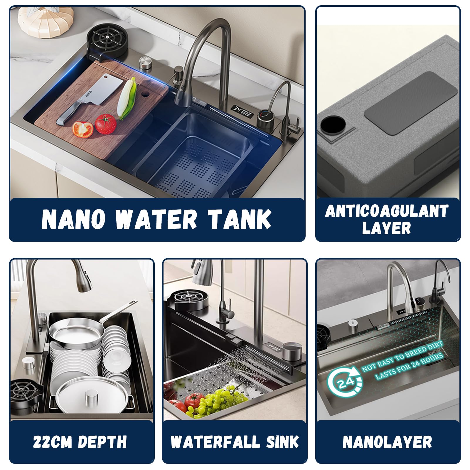 Fregadero de Cocina Moderno de un Solo Seno de Acero Inoxidable 304 Negro para instalación bajo encimera, con Grifo Tipo Cascada y Accesorios.