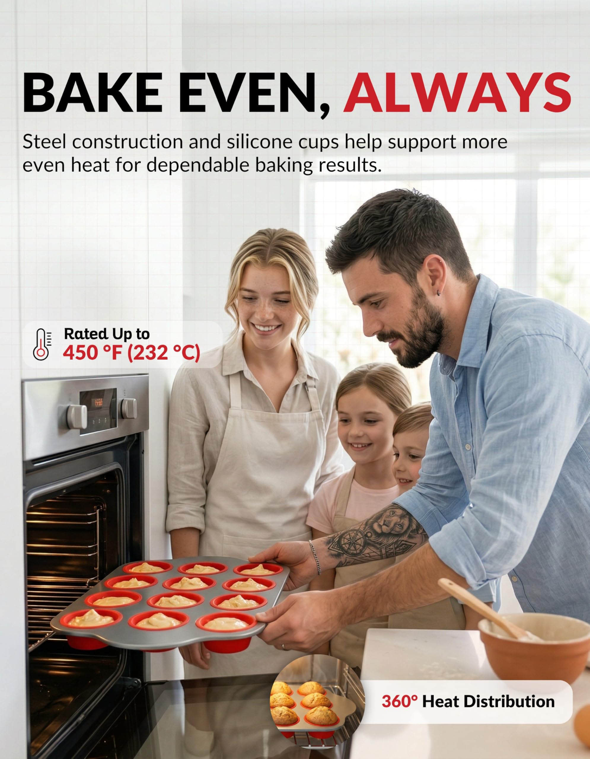 Antihaft-Silikon-Muffinform für 12 Muffins mit Stahlrahmen, BPA-frei, ungiftig, Cupcake-Form mit leicht zu lösender strukturierter Oberfläche, ergonomische Griffe, ofen-, gefrier- und