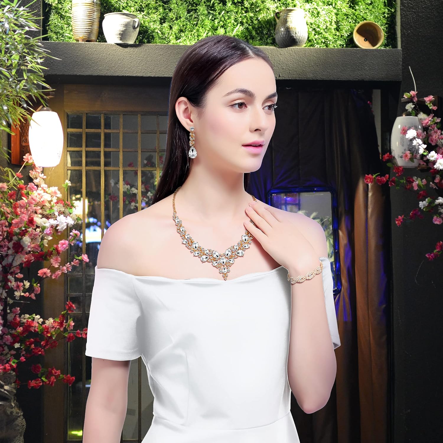 3/4 Pieces Women Jewelry Set Artificial Rhinestone Crystal Bride Statement Choker Necklace Tiara Crown Link Bangle Bracelet Teardrop Dangle Earrings Set - Image 2