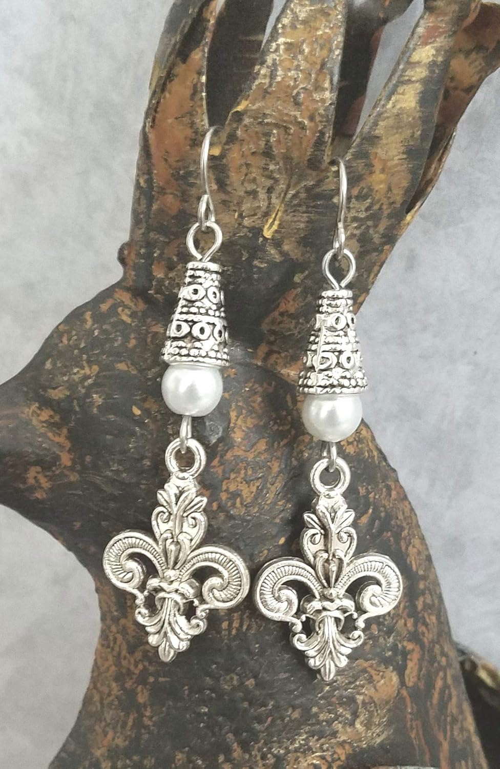 Fleur De Lis Handmade Earrings with White Glass Round Accents