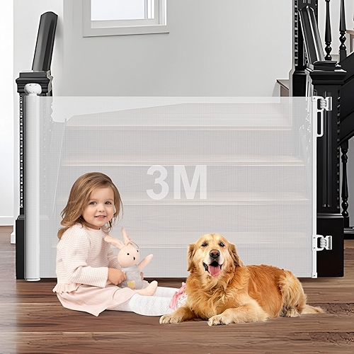 3m Portão Grade Retrátil de Proteção para Bebês e Cachorros, Portaozinho de Escada Instala...