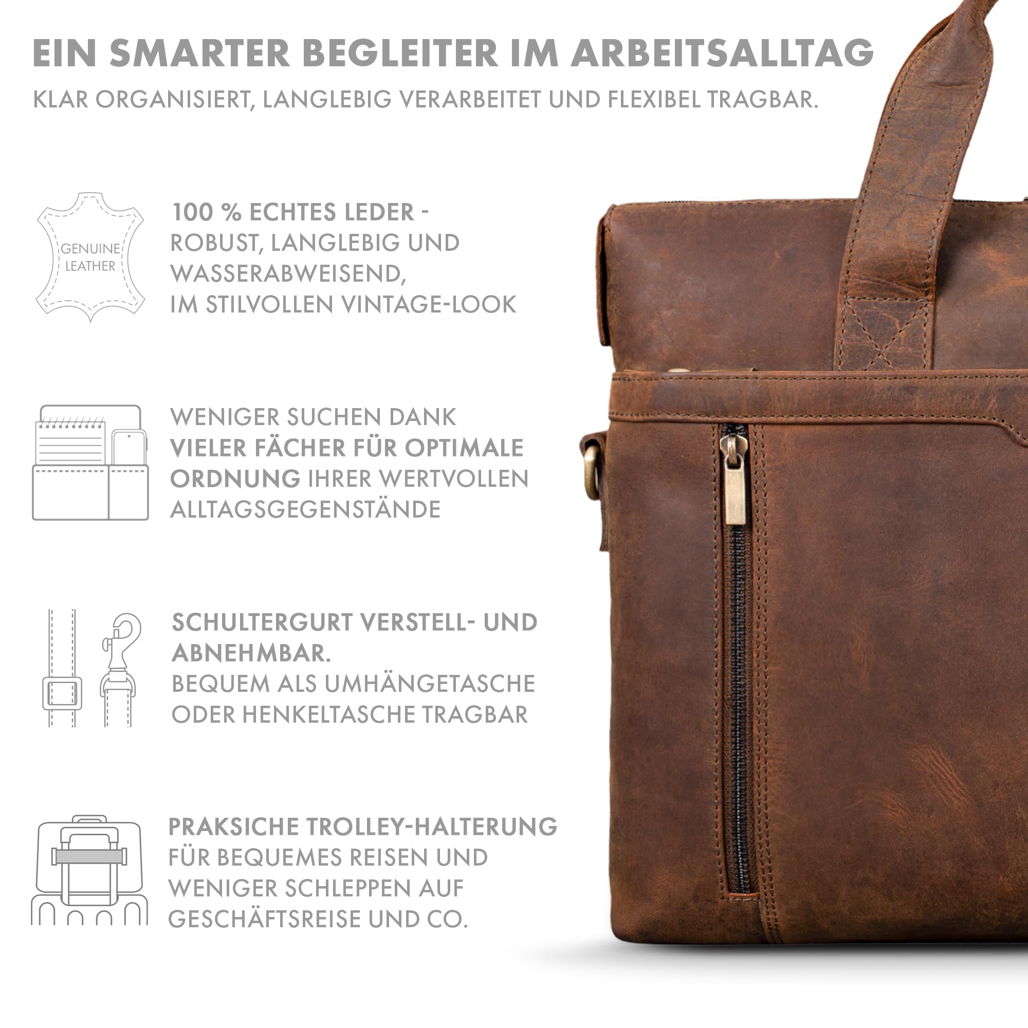 ROYALZ 'Seattle' Moderne Ledertasche Herren aus Echtleder groß - ideal als Business Aktentasche flache Laptoptasche 14-15.6 Zoll zum Reisen mit Trolley Halter;Farbe:Roma Cognac Braun