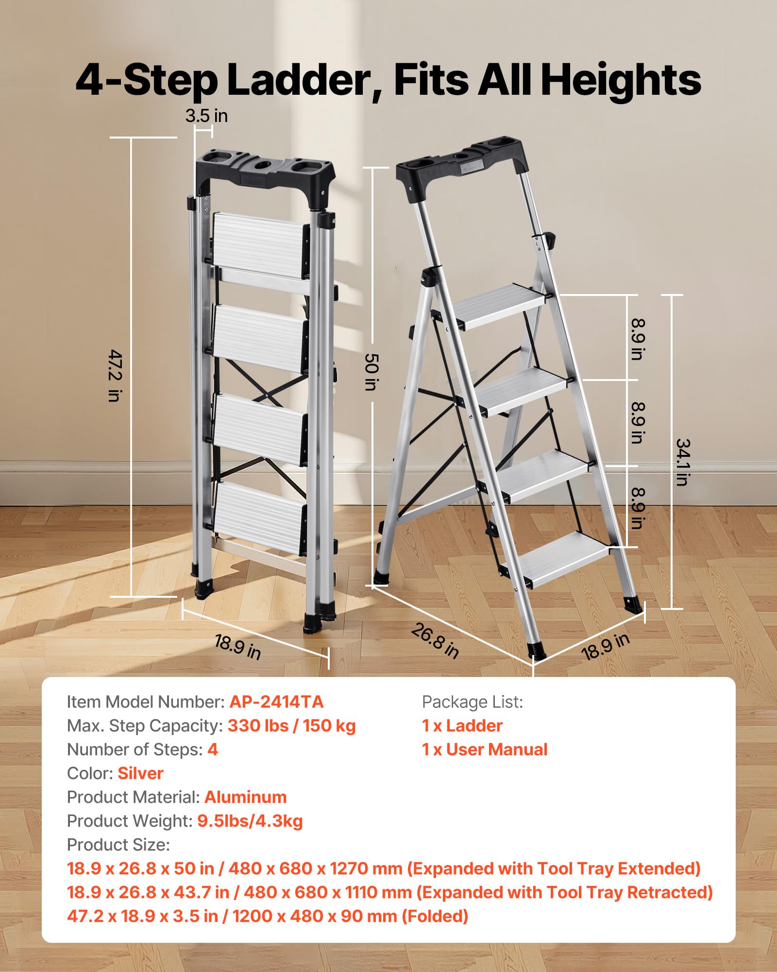 VEVOR Scaletta Pieghevole Salvaspazio con 4 Gradini con Ampio Pedale Antiscivolo e Impugnatura Comoda, Scala a Pioli Portatile in Alluminio con Capacità di 150 kg, Multiuso per Cucina, Casa
