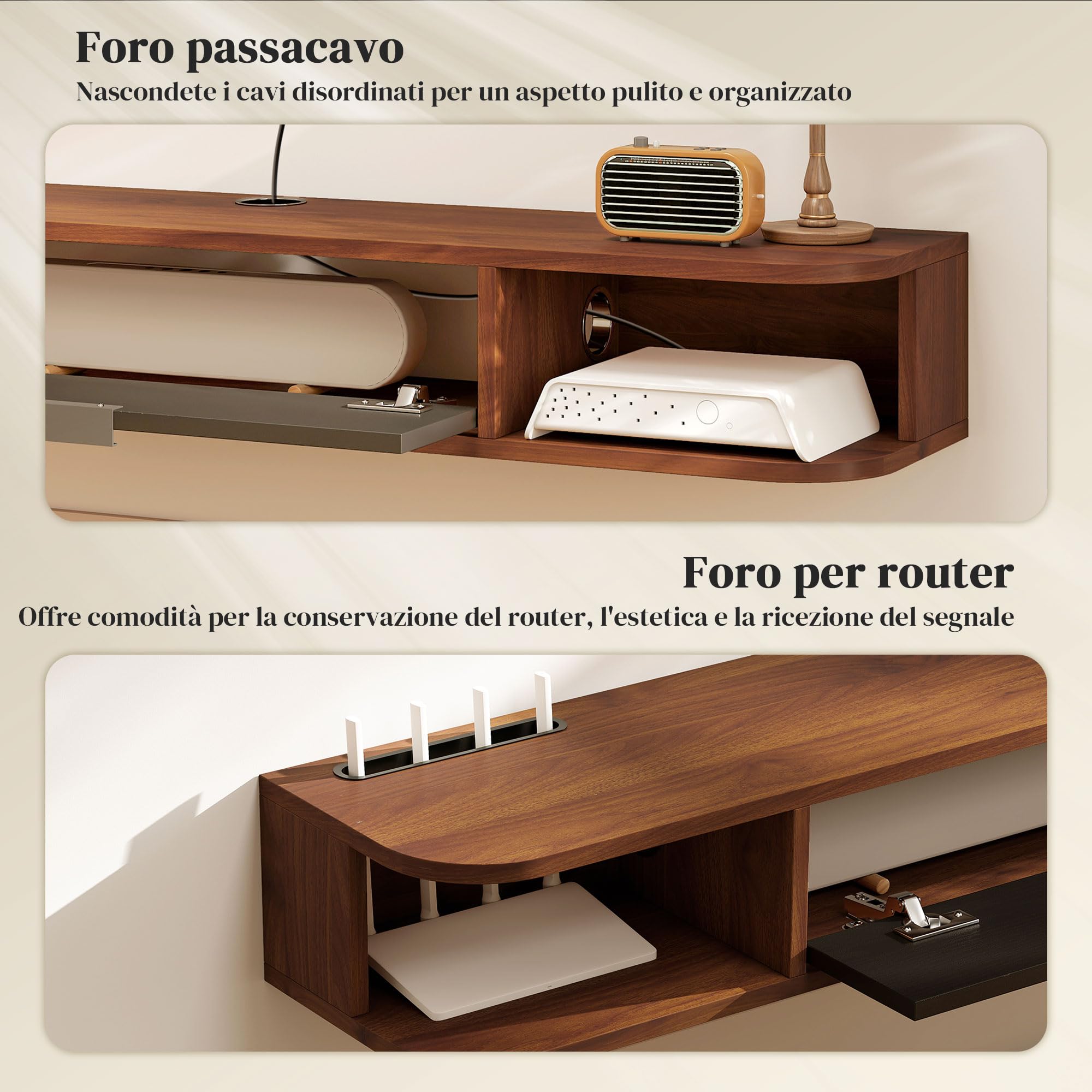 HOMCOM Mobile TV Sospeso con 2 Ripiani, Fino a 50" 120x24x16 cm Noce | Cassetto Ribaltabile, Foro Passacavi, Mobile Porta TV, Mobiletto per Televisore, Soggiorno Camera da Letto Salotto