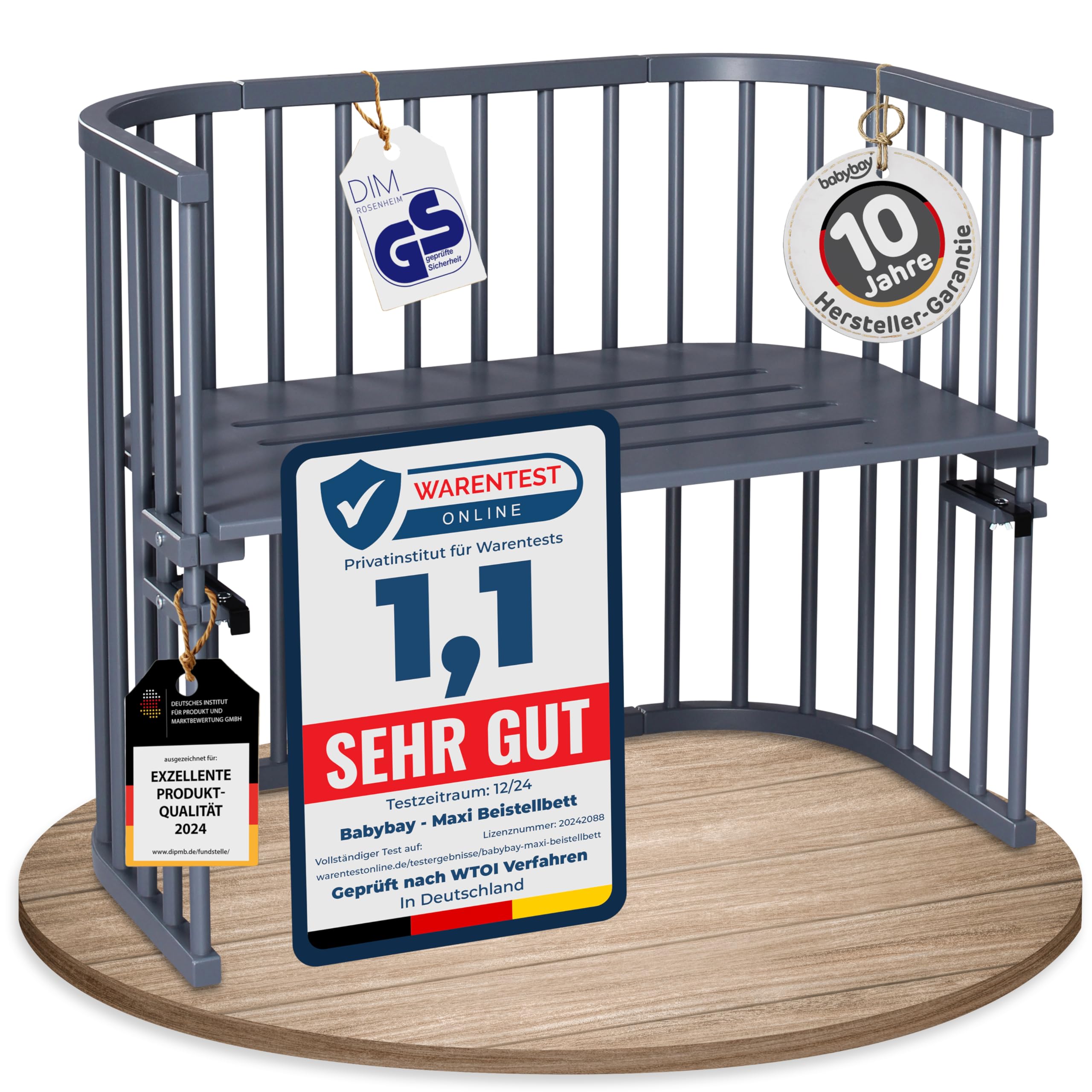 babybay Maxi extra großes Beistellbett aus massivem Buchenholz / Kinderbett Höhe stufenlos verstellbar & umweltfreundlich / mitwachsendes Babybett (schiefergrau lackiert)