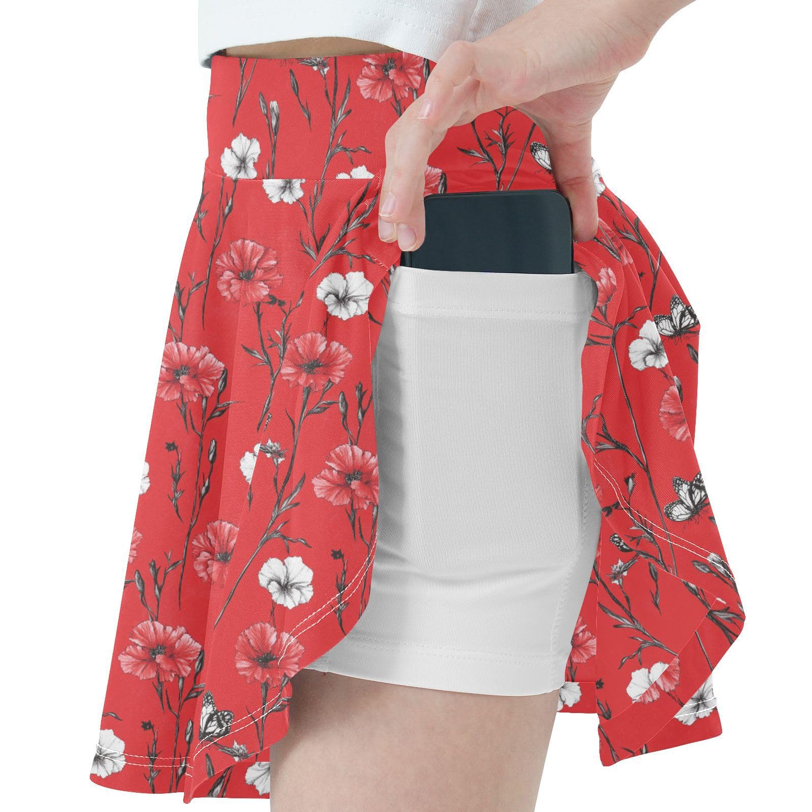 Floral in Red Girls Athletic Skirts with Built-in Shorts Flowy Pleated Skirts for Kids with Pockets Skort for Little Girl