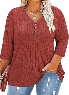 Sponsored Ad - Koscacy Women Plus Size V Neck 3/4 Roll Sleeve Sweater Casual Knit Tops Solid Color Blouses