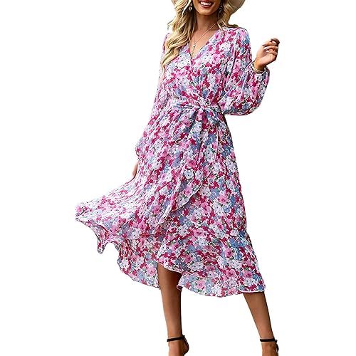 PRETTYGARDEN Women's Floral Print Boho Dress Long Sleeve Wrap V Neck Ruffle Belted A-Line Flowy Maxi Dresses