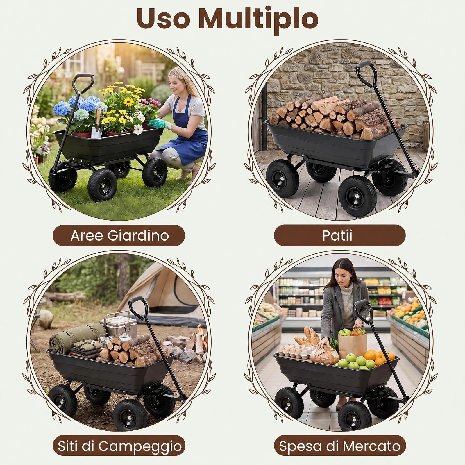 GYMAX Carrello da Giardino Ribaltabile 75 L, Portata 300 kg