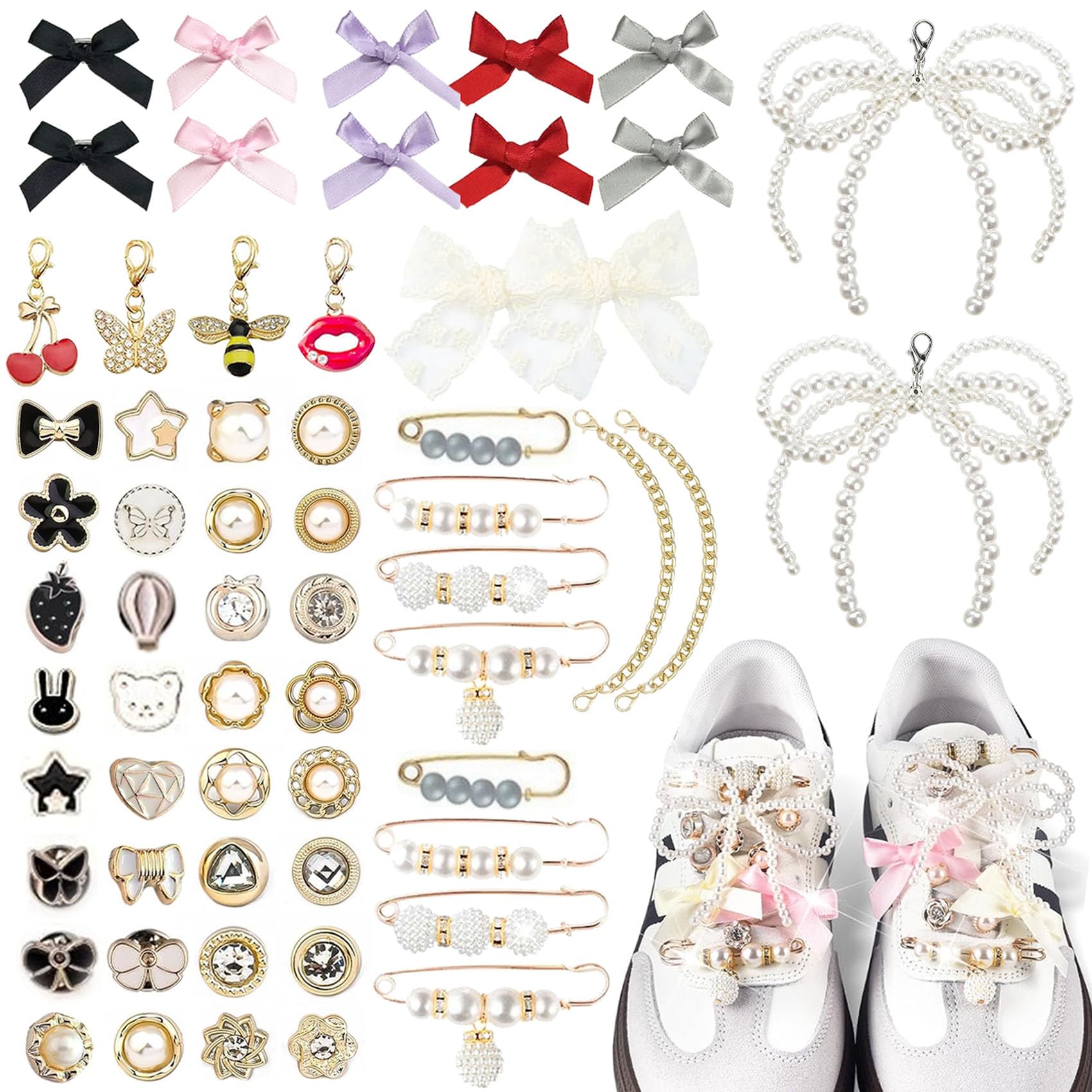 LINBLIF 60PCS Shoe Charms for Sneakers, Bling Sneaker Charms with Pearl Rhinestone Brooches and Safety Pins Buttons Lobster clasp pendant for Shoelace