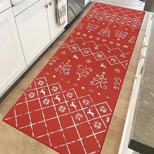 Miniatura 4 de Ileading Alfombra de pasillo de Navidad de 2 x 6 pies, alfombra antideslizante de Navidad roja con copos de nieve y diamantes para decoración de