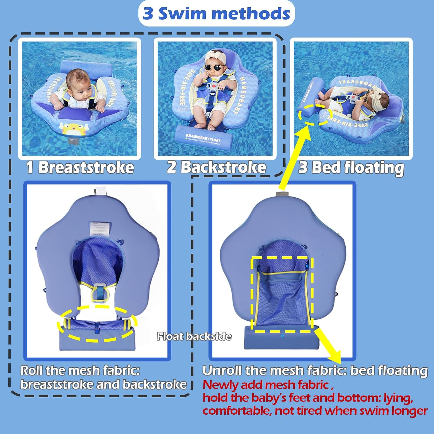 Mambobaby Float with Canopy Size Improved Non Inflatable Infant Baby Pool Float Smart Mambo Float Swim Trainer Add Tail Swim Float Mambo Float Solid Air Free Water Waist Swimming Ring